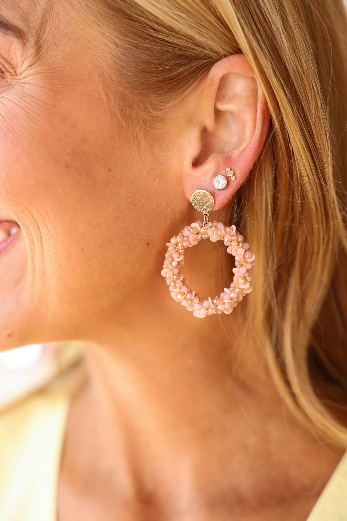 Beaded Drop Hoop Earrings - Light Pink