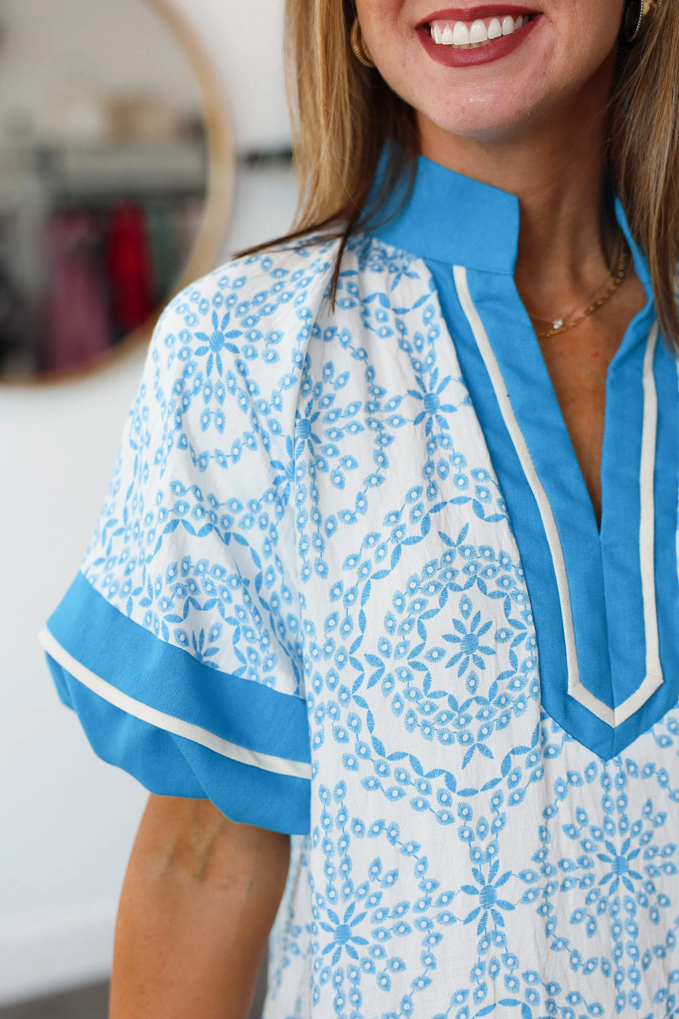Border Trim Printed Top - Blue - Image 6