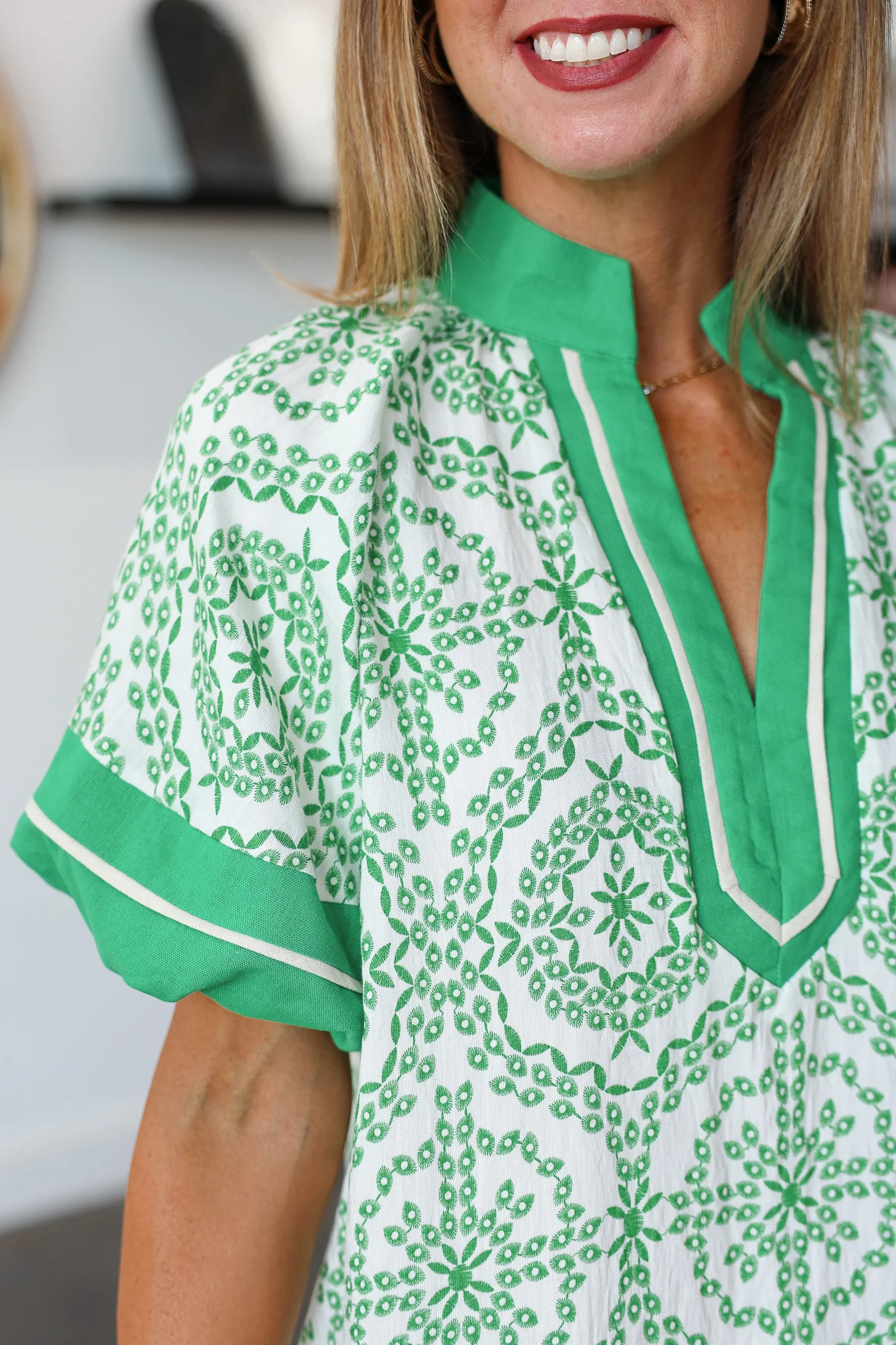 Border Trim Printed Top - Green - Image 6