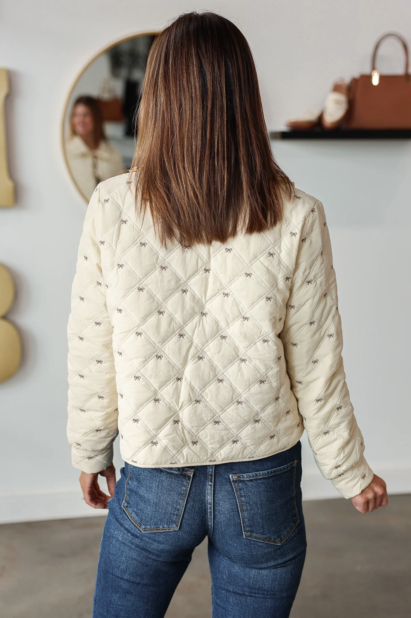 Bow Embroidered Quilted Jacket - Cream - Image 6
