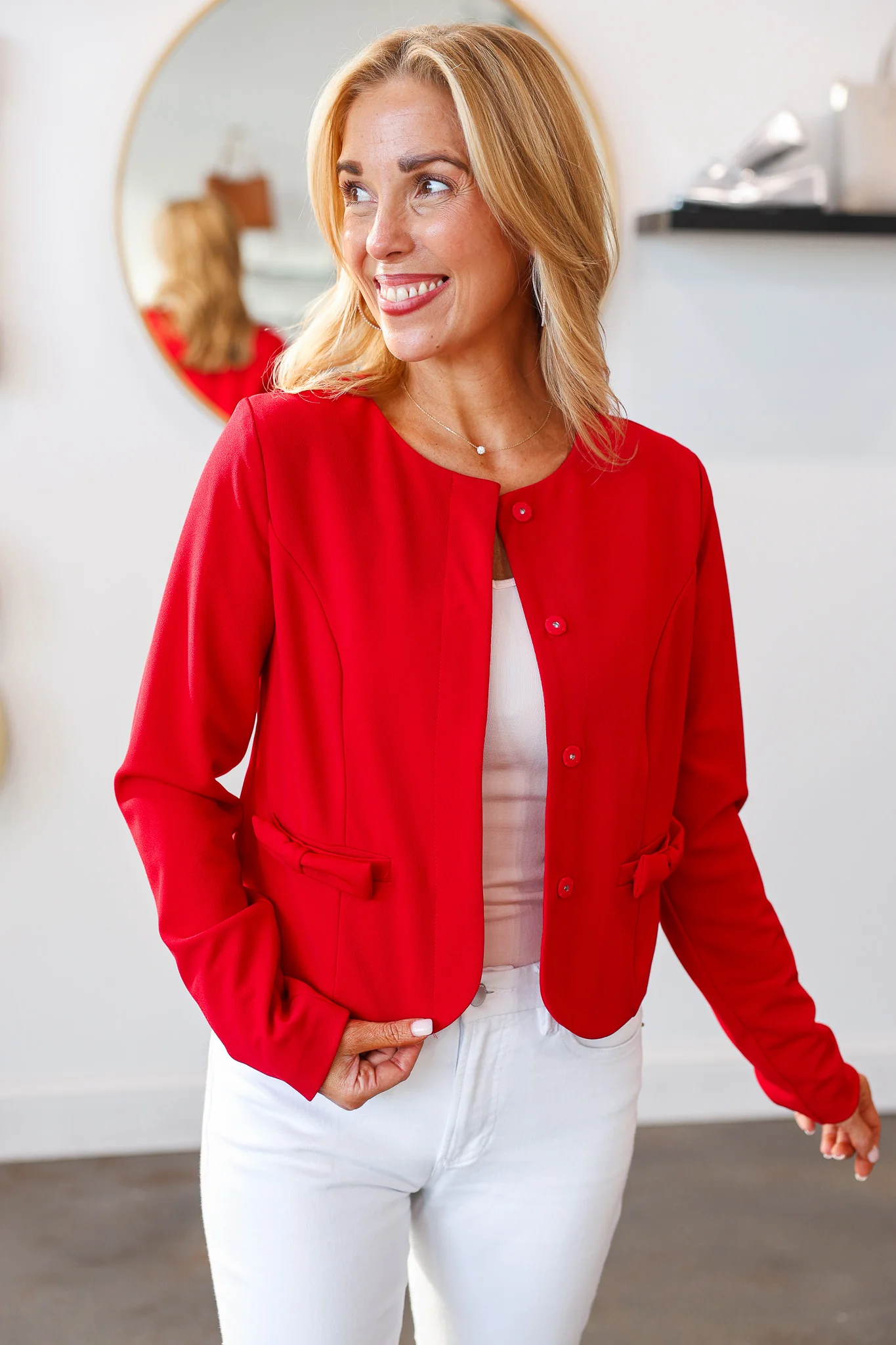 Bow Pocket Ponte Jacket - Red - Image 4