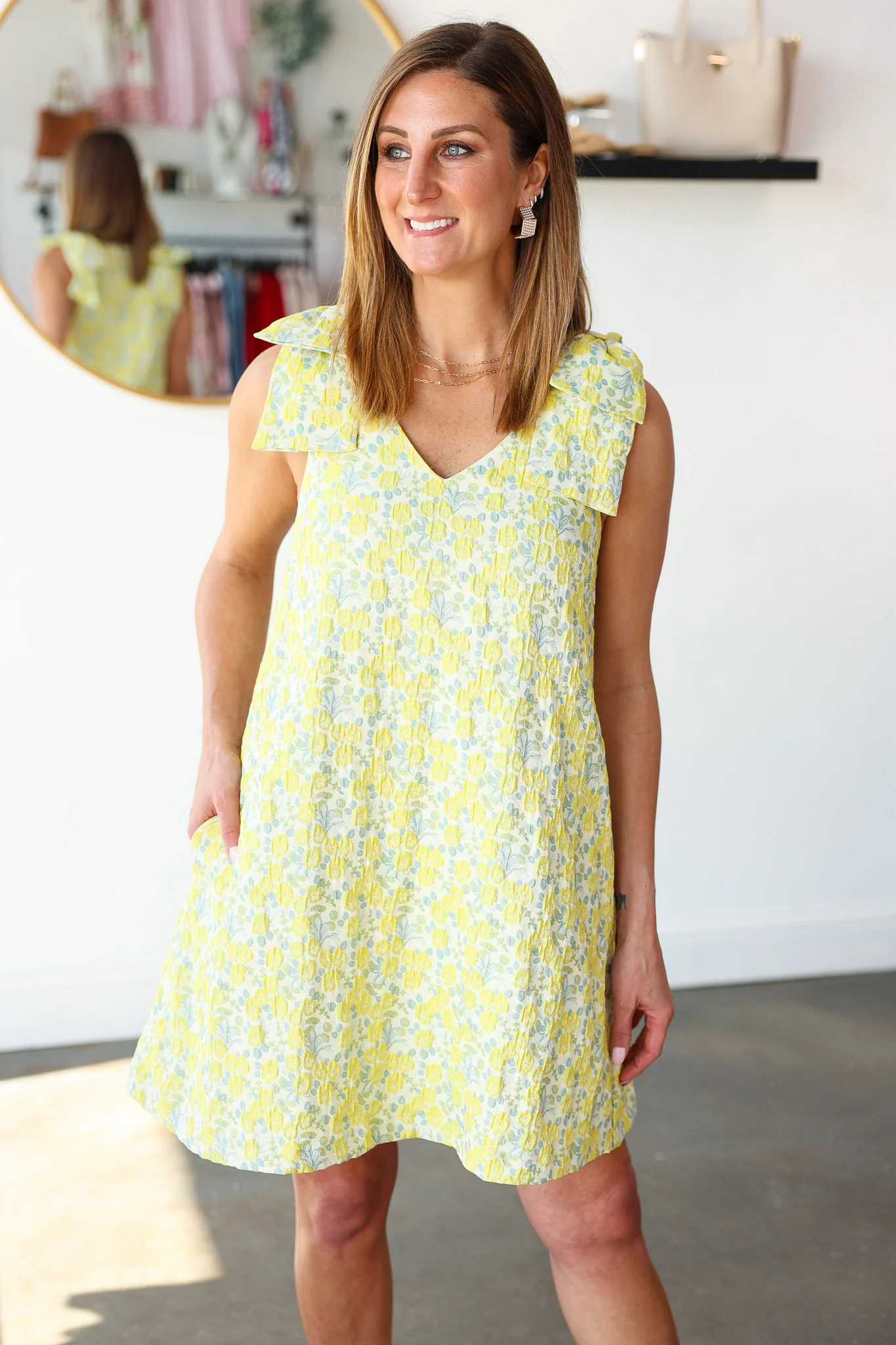 Bow Shoulder Jacquard Dress - Yellow - Image 3