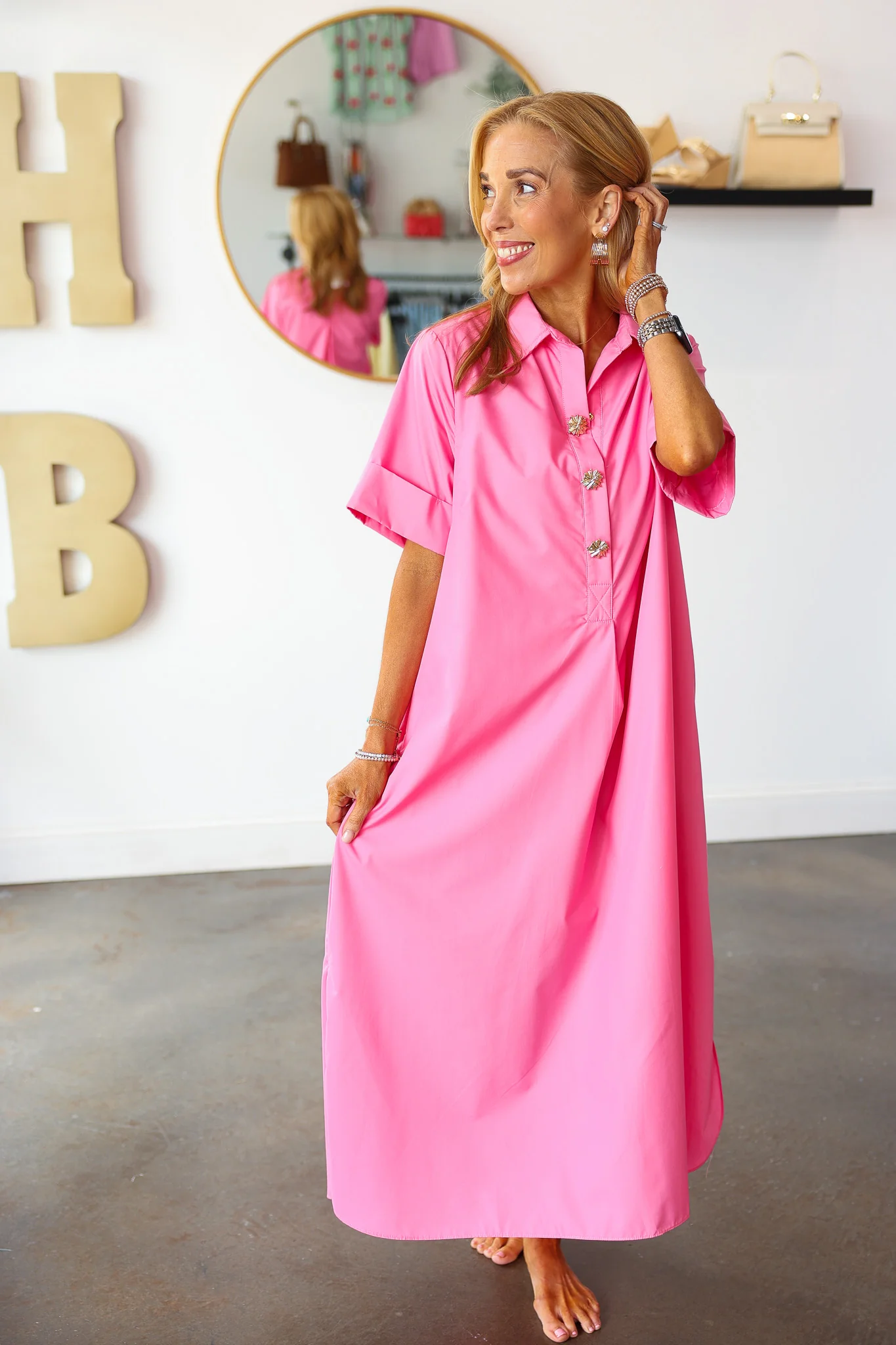 Button Detail Midi Dress - Pink