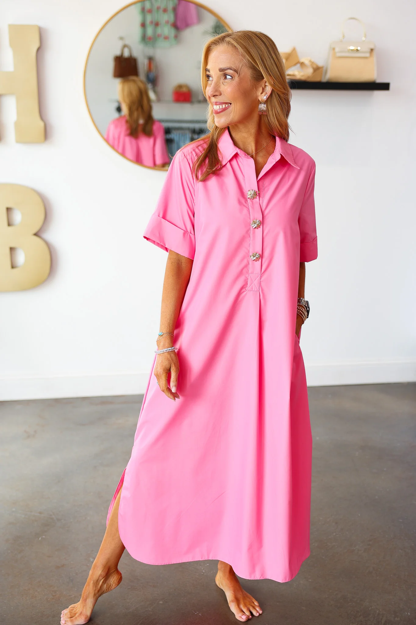 Button Detail Midi Dress - Pink - Image 6