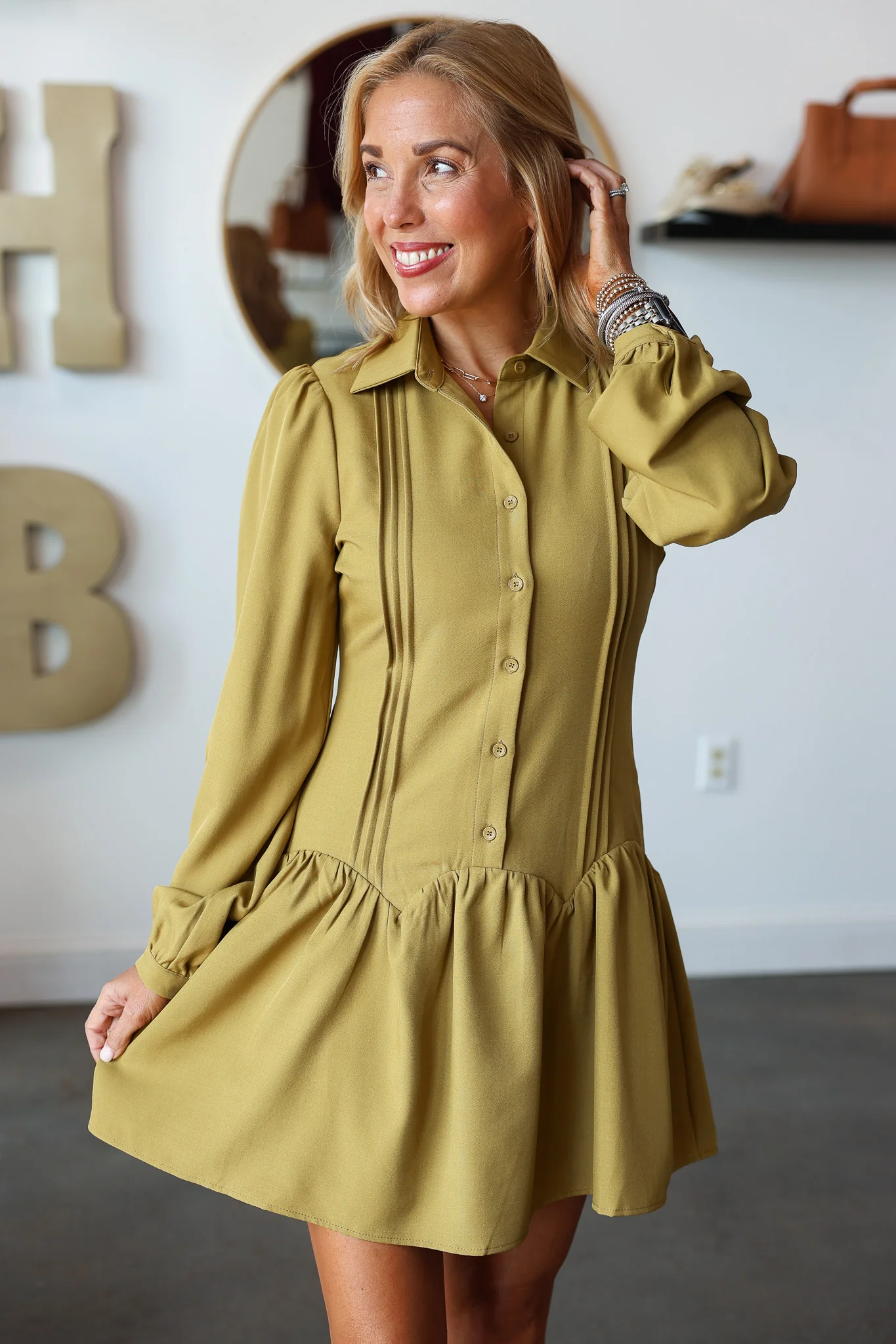 Button Front Drop Waist Dress - Chartreuse