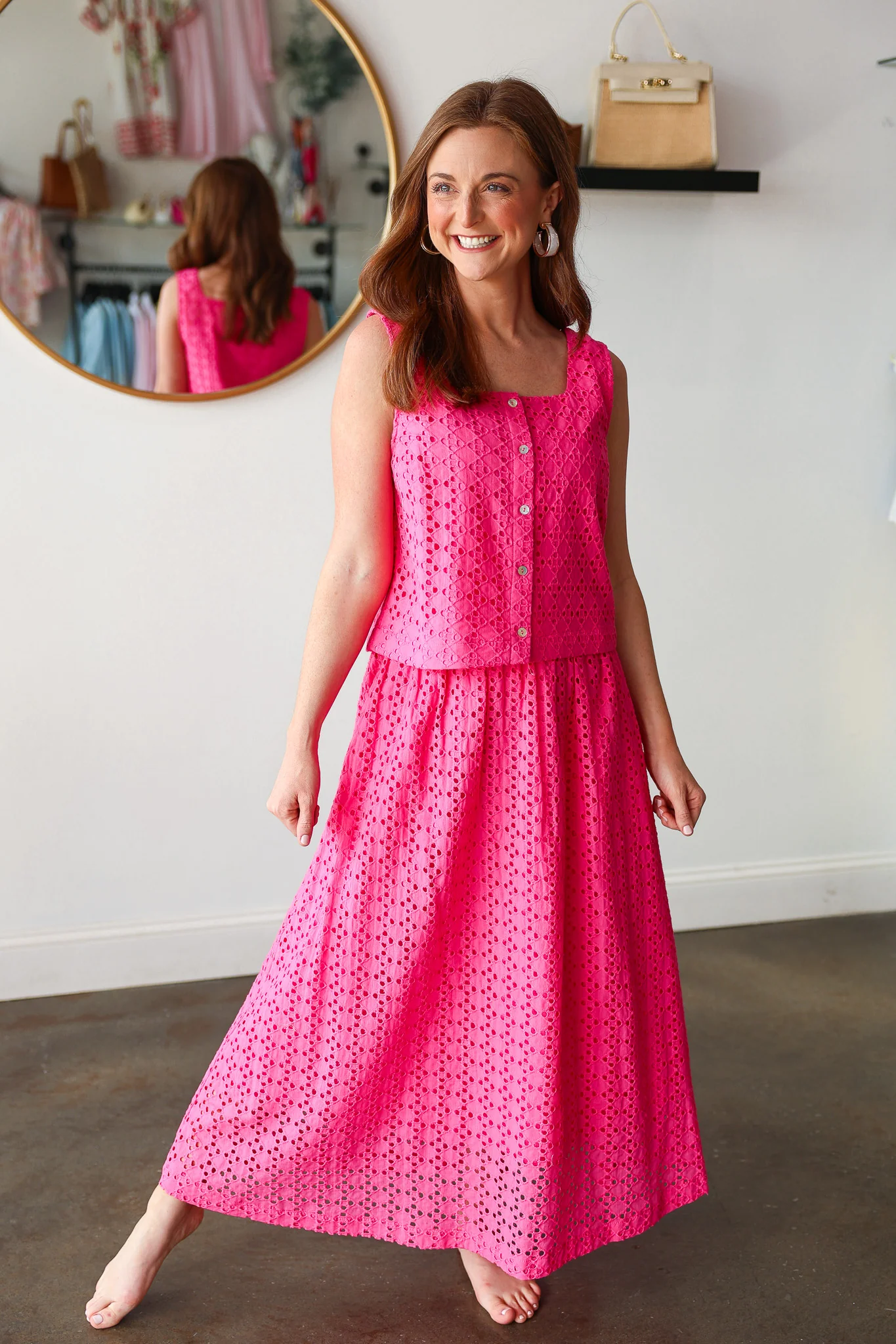 Button Front Eyelet Top - Pink