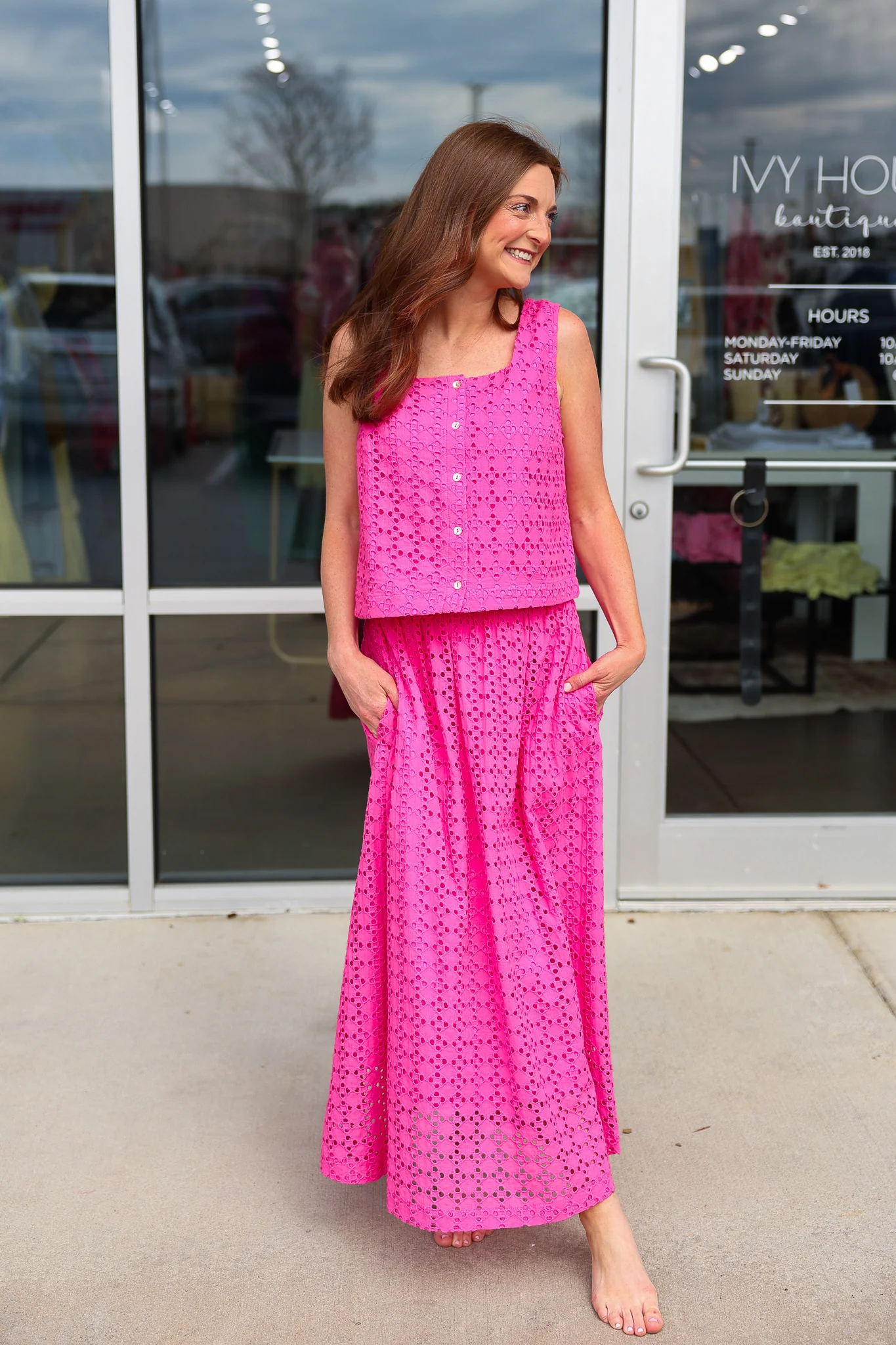 Button Front Eyelet Top - Pink - Image 11