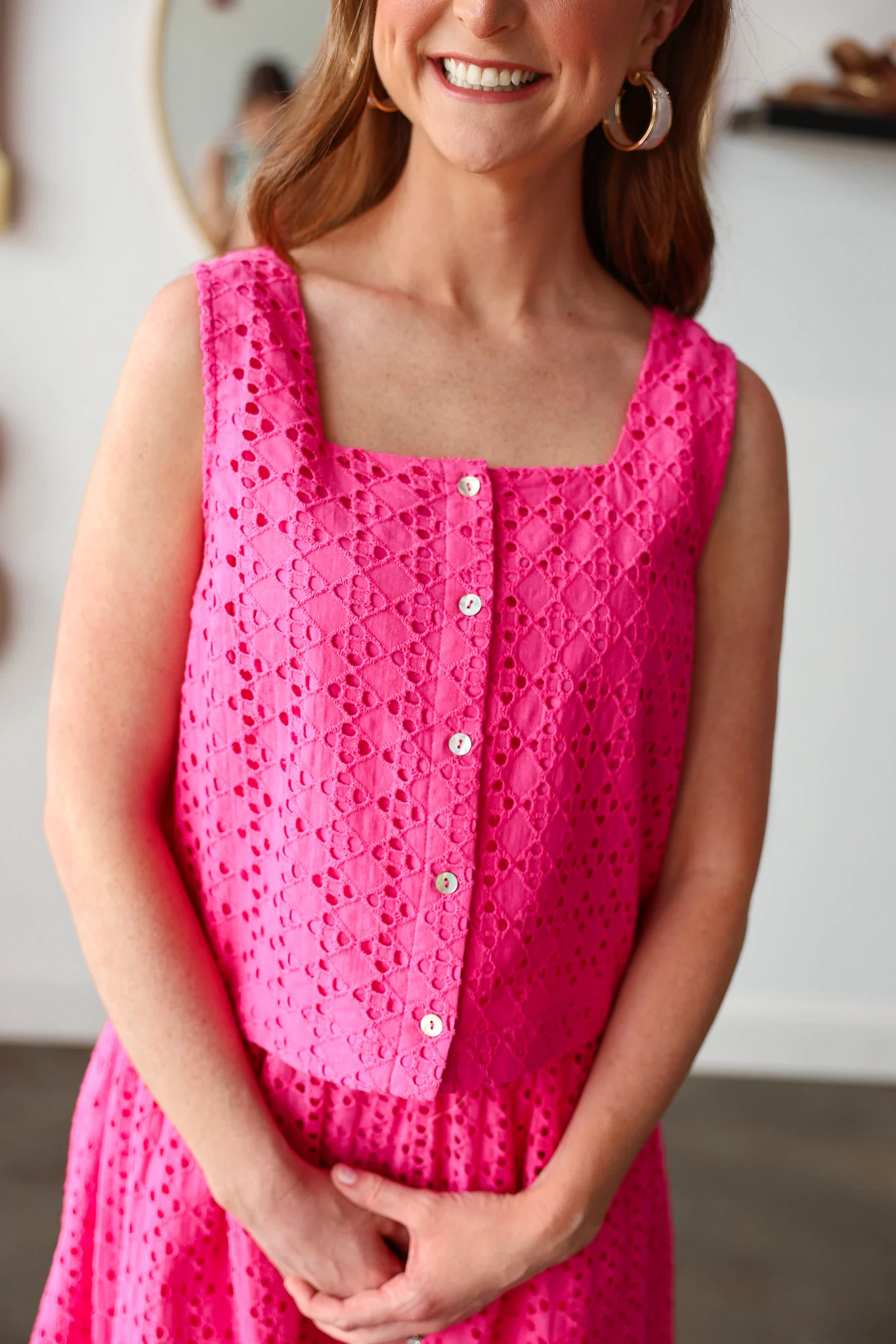 Button Front Eyelet Top - Pink - Image 2