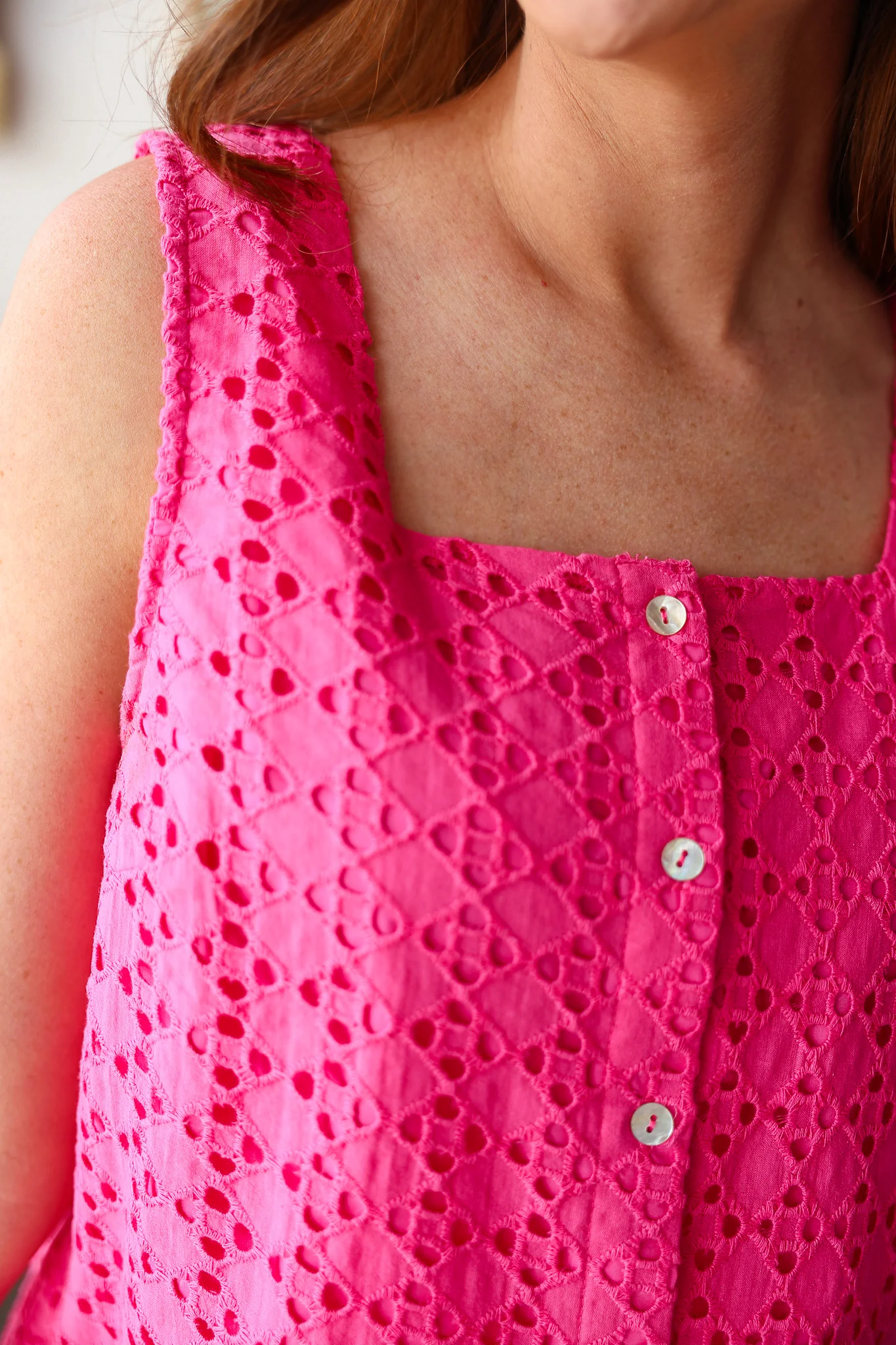 Button Front Eyelet Top - Pink - Image 7