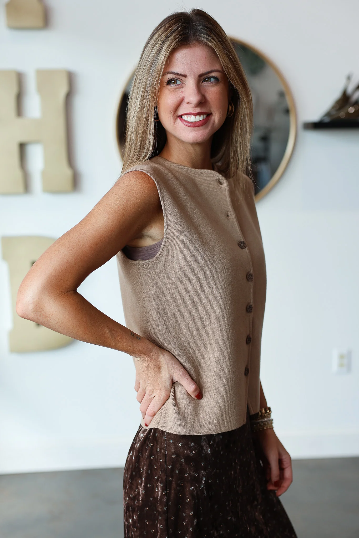 Button Front Knit Top - Mocha - Image 6