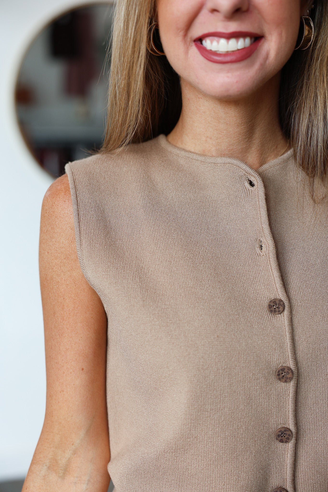 Button Front Knit Top - Mocha - Image 7