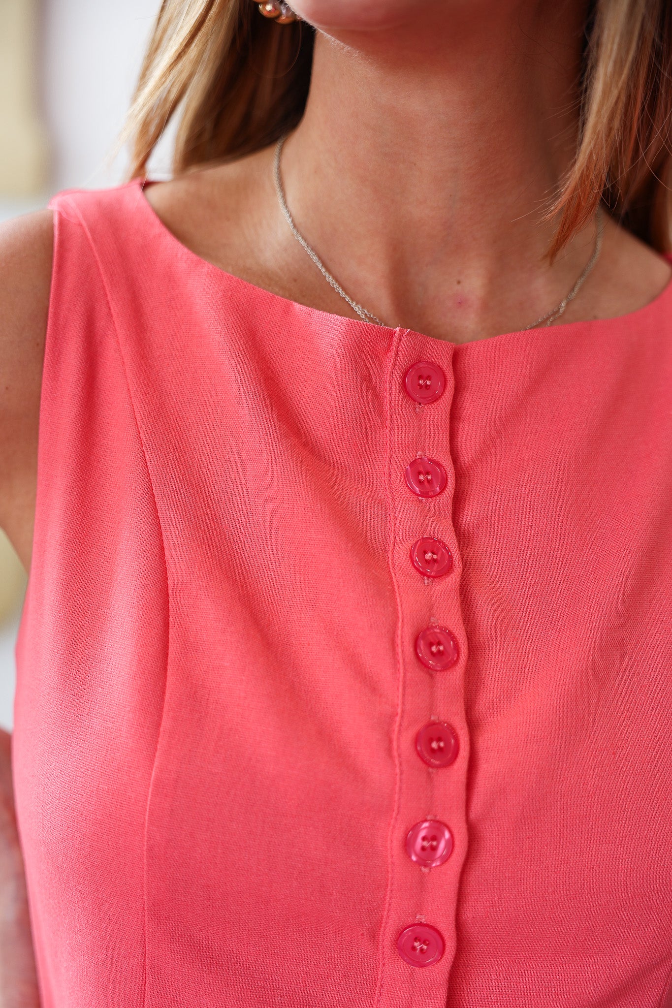 Button Front Peplum Tank - Guava - Image 7