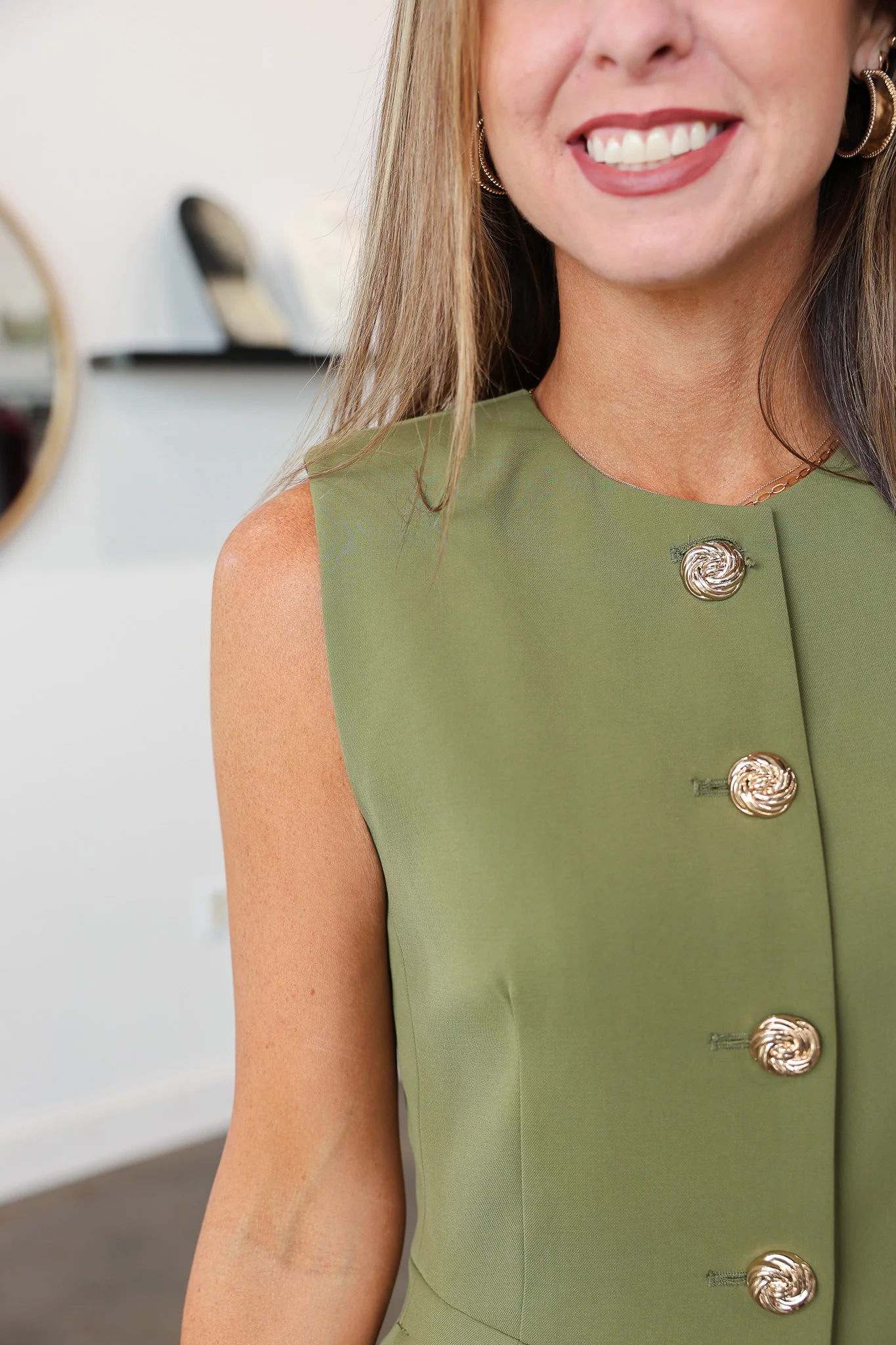 Button Front Peplum Top - Olive - Image 6