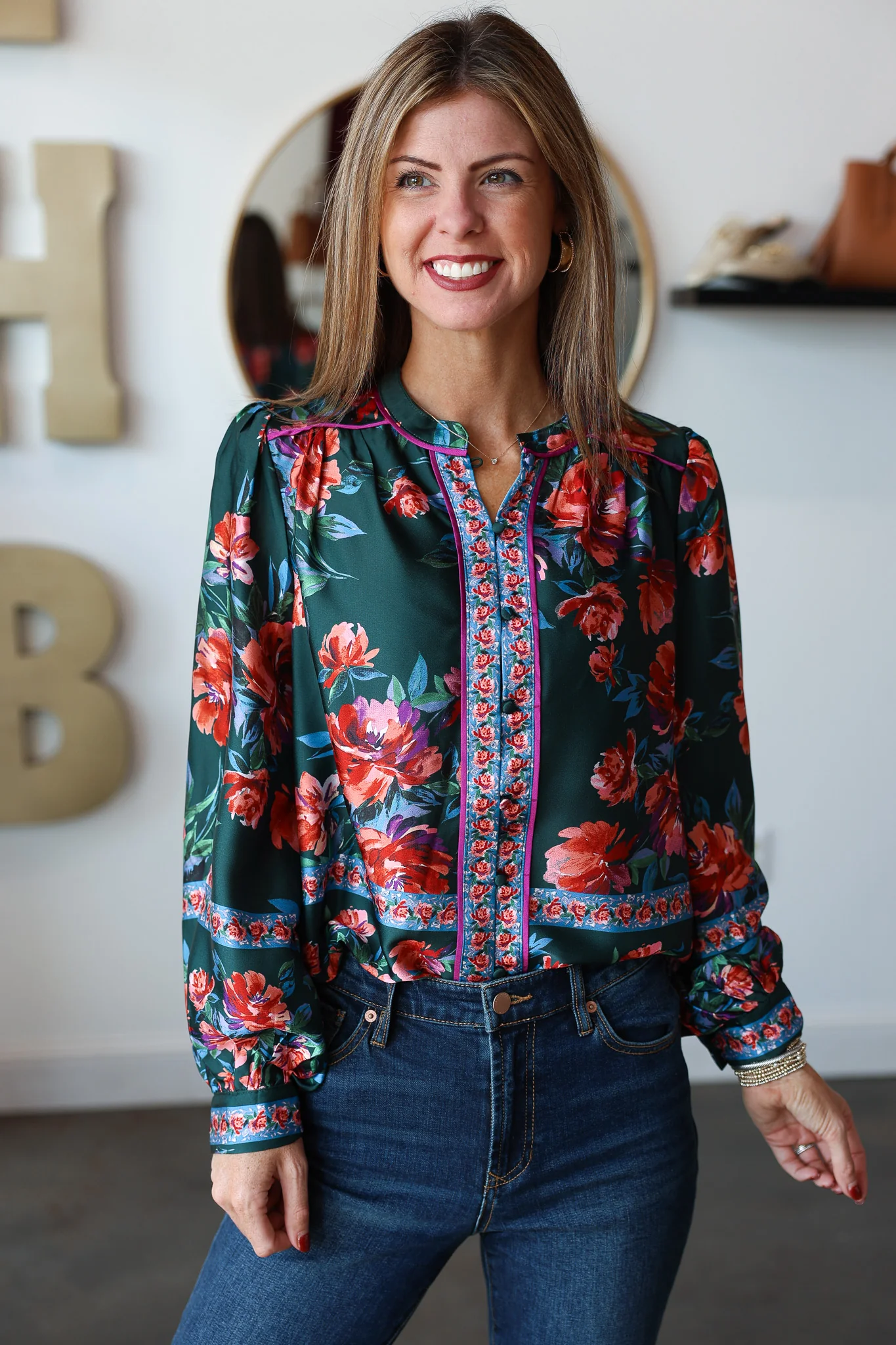Button Front Printed Top - Deep Green - Image 2