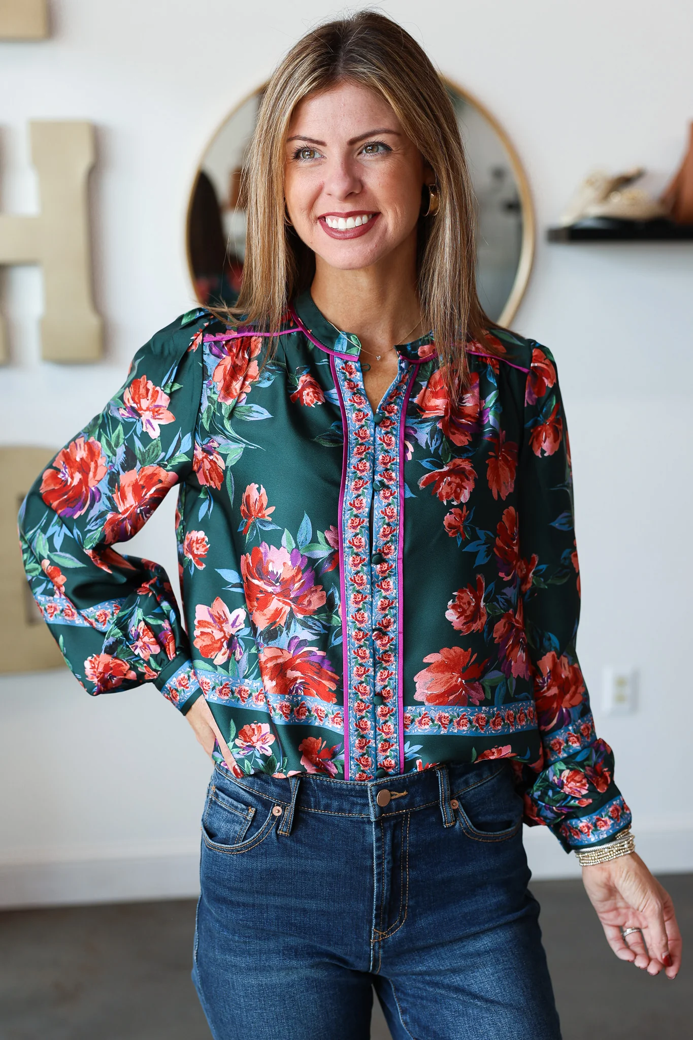 Button Front Printed Top - Deep Green - Image 3