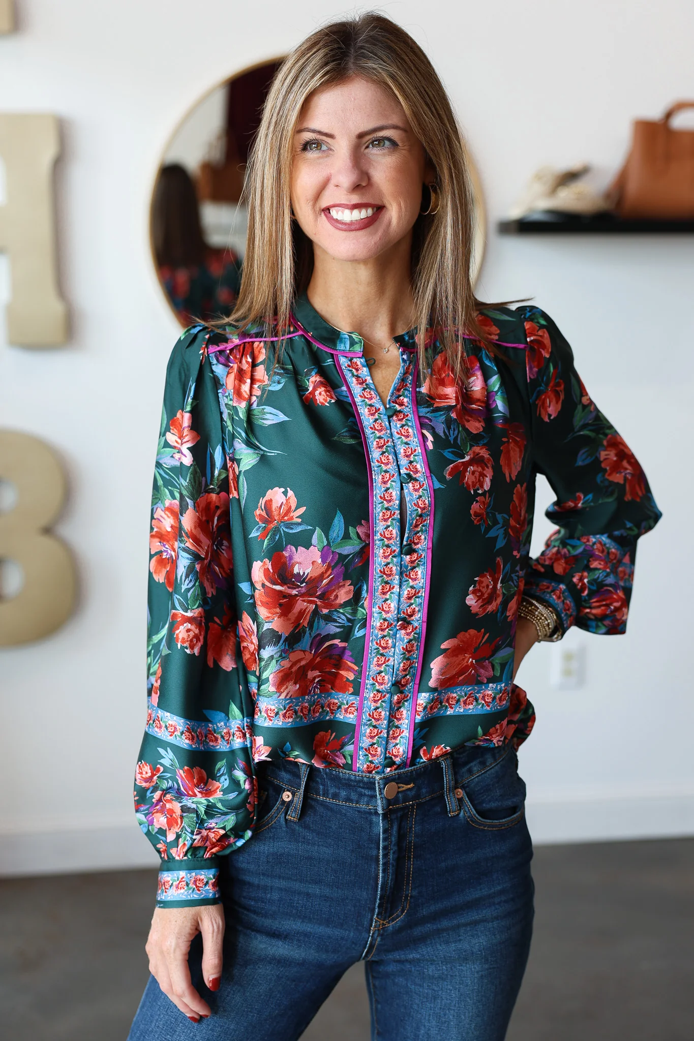 Button Front Printed Top - Deep Green - Image 4