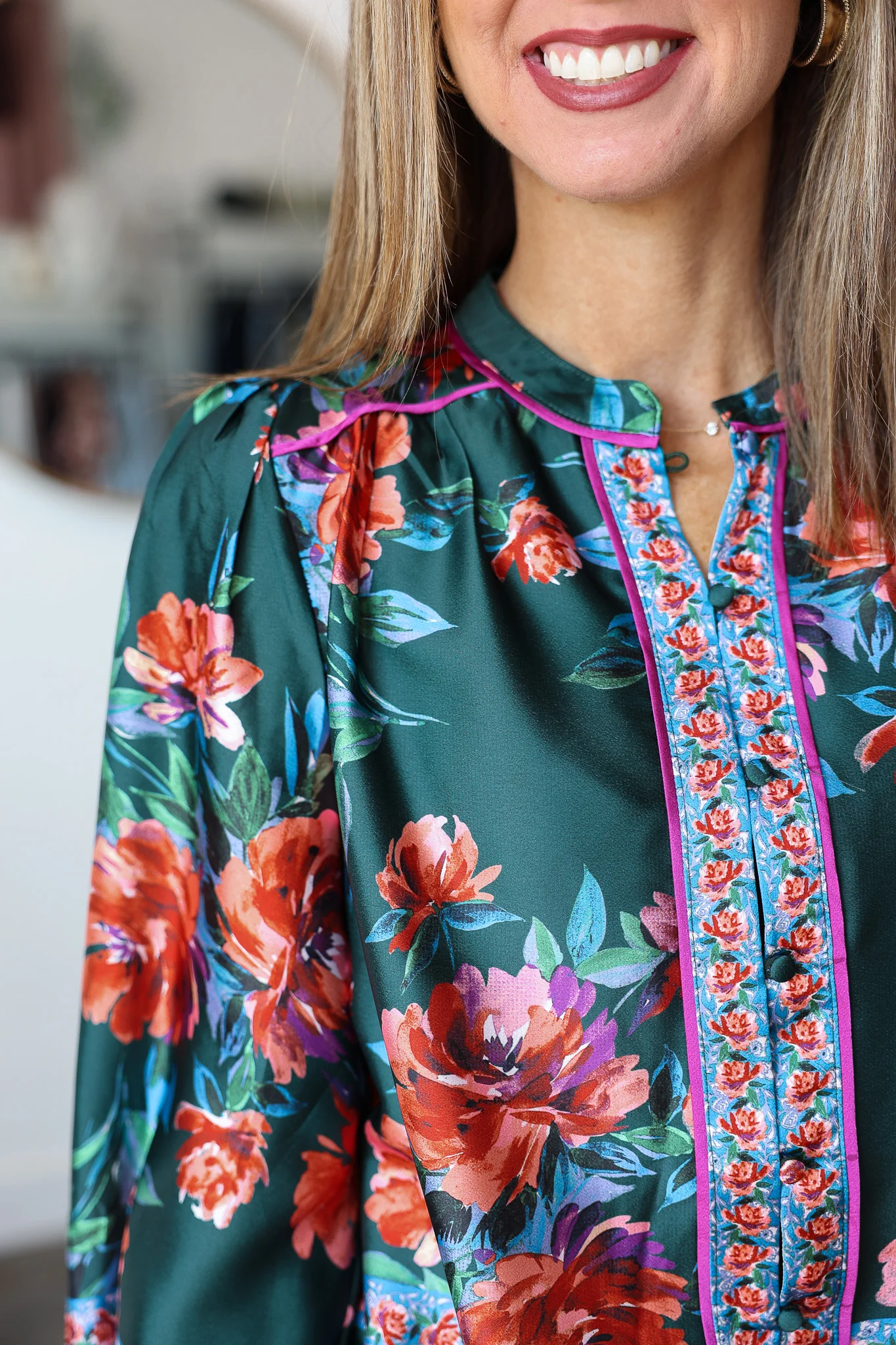 Button Front Printed Top - Deep Green - Image 7