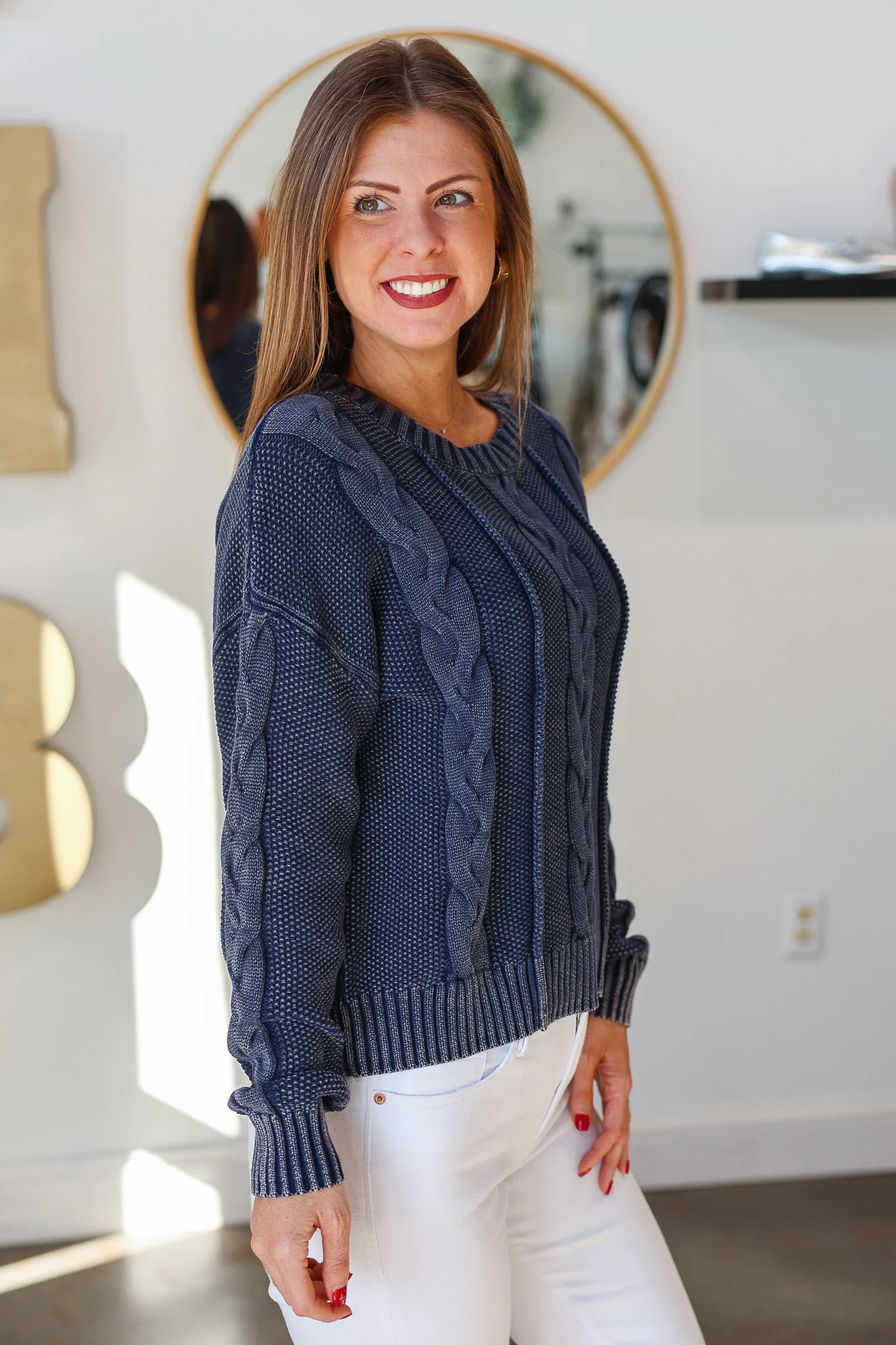 Cable Knit Sweater - Navy - Image 5
