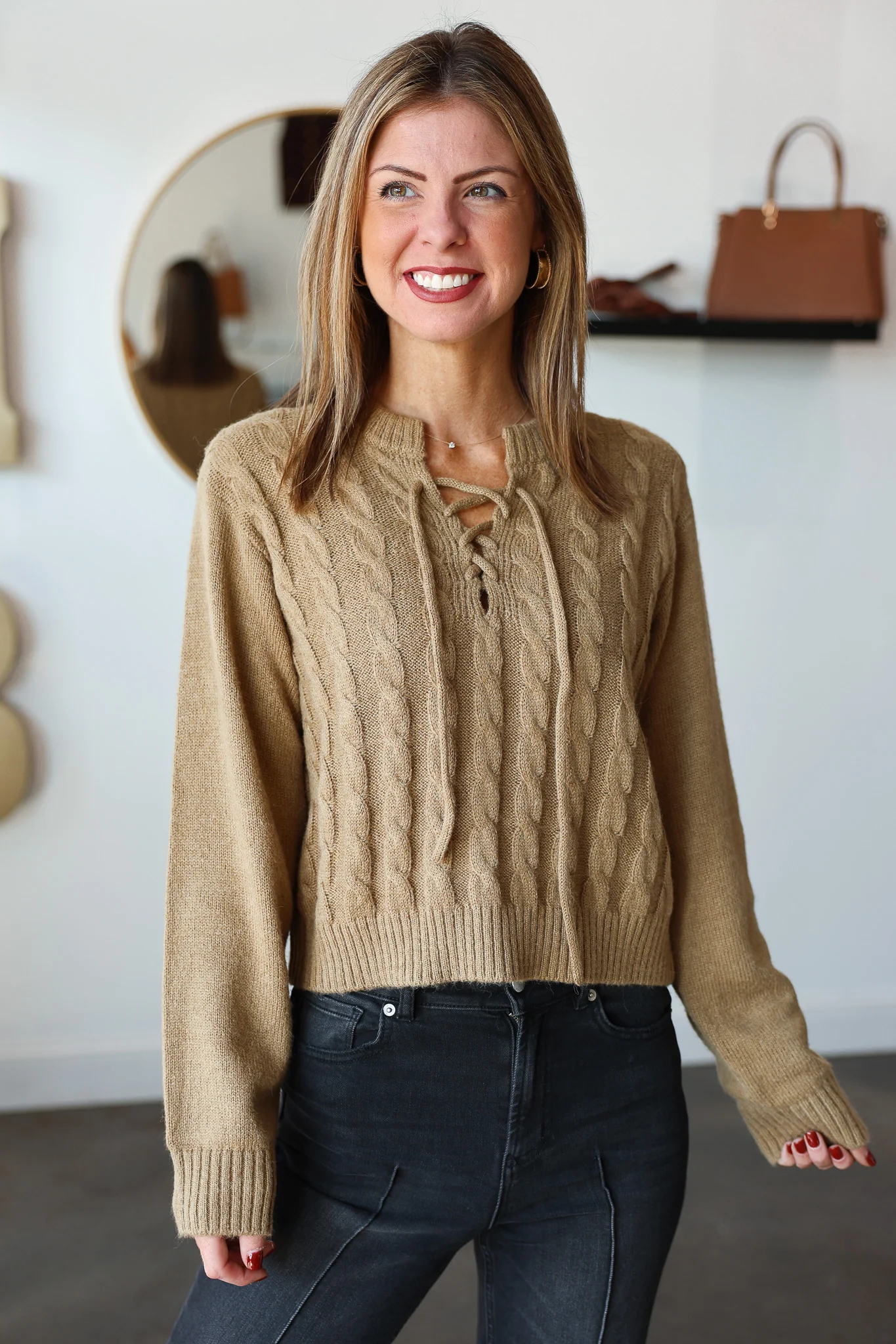 Cable Knit Tie Neck Sweater - Camel - Image 2