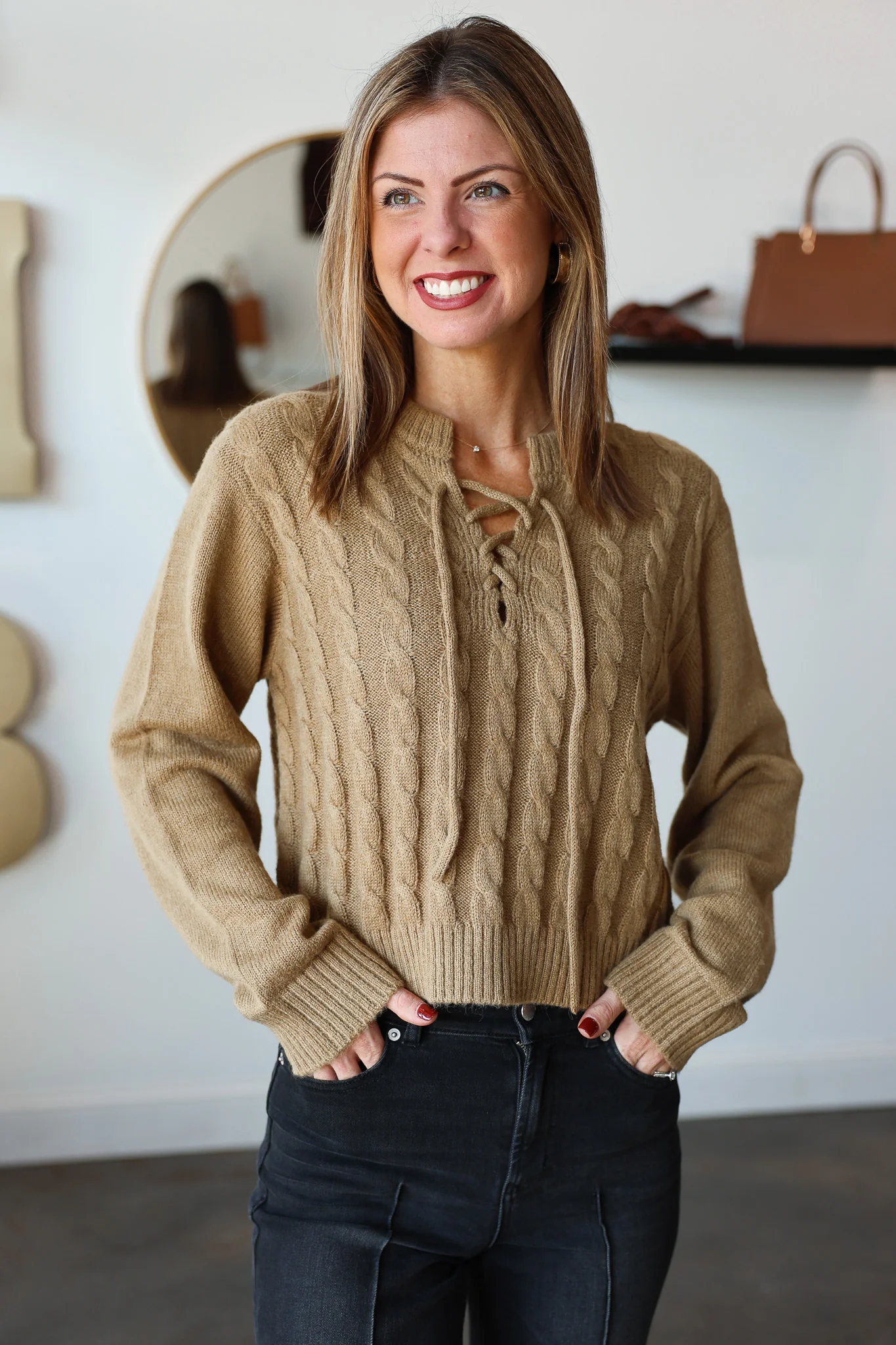 Cable Knit Tie Neck Sweater - Camel - Image 3