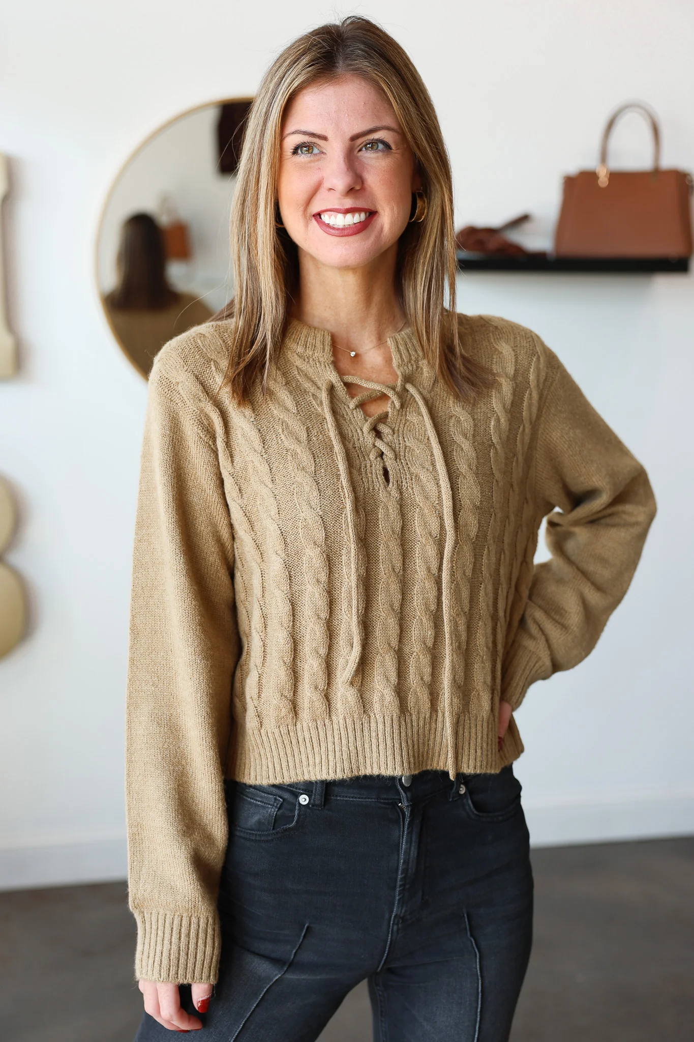 Cable Knit Tie Neck Sweater - Camel - Image 4
