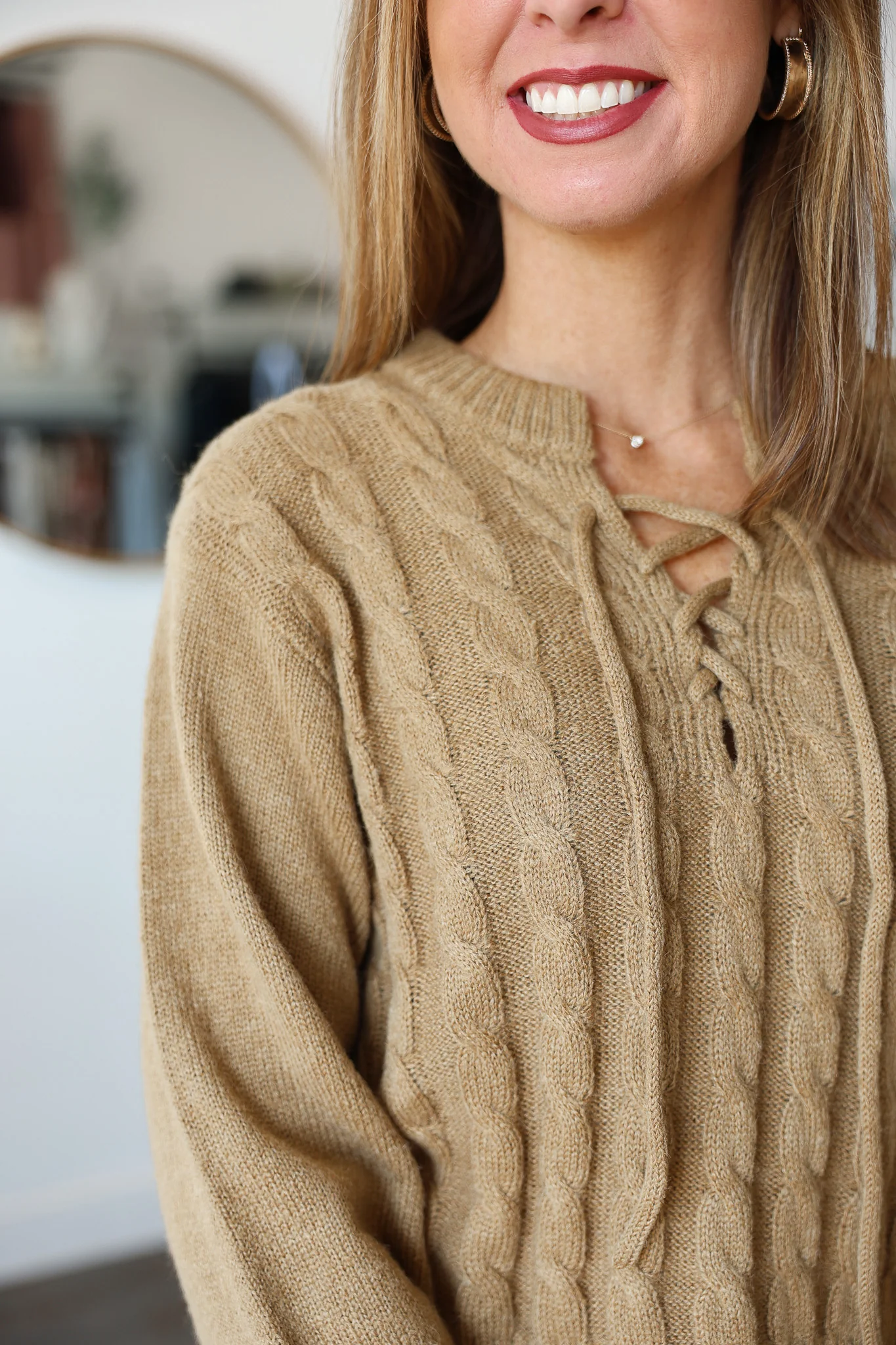 Cable Knit Tie Neck Sweater - Camel - Image 7