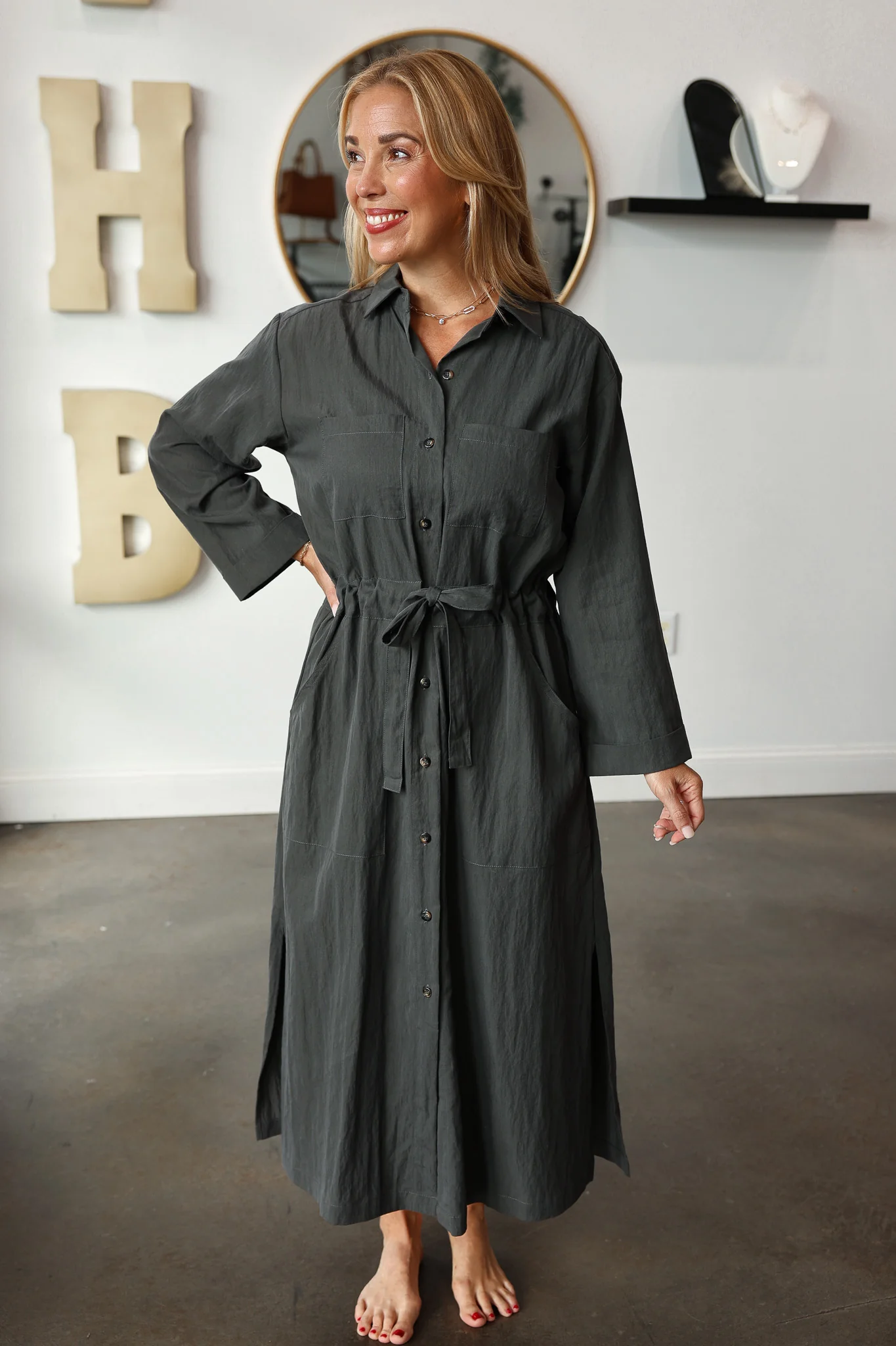 Cinch Waist Shirt Dress - Charcoal - Image 2