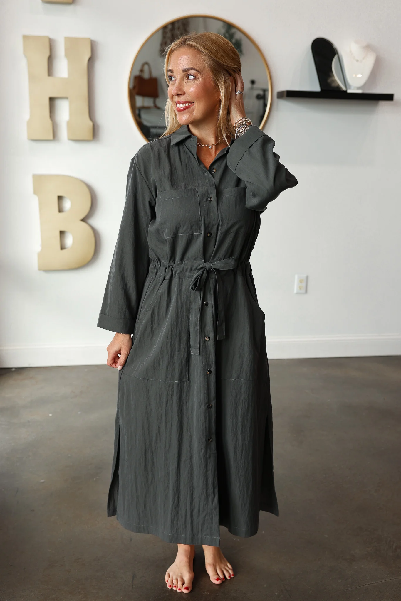 Cinch Waist Shirt Dress - Charcoal - Image 3