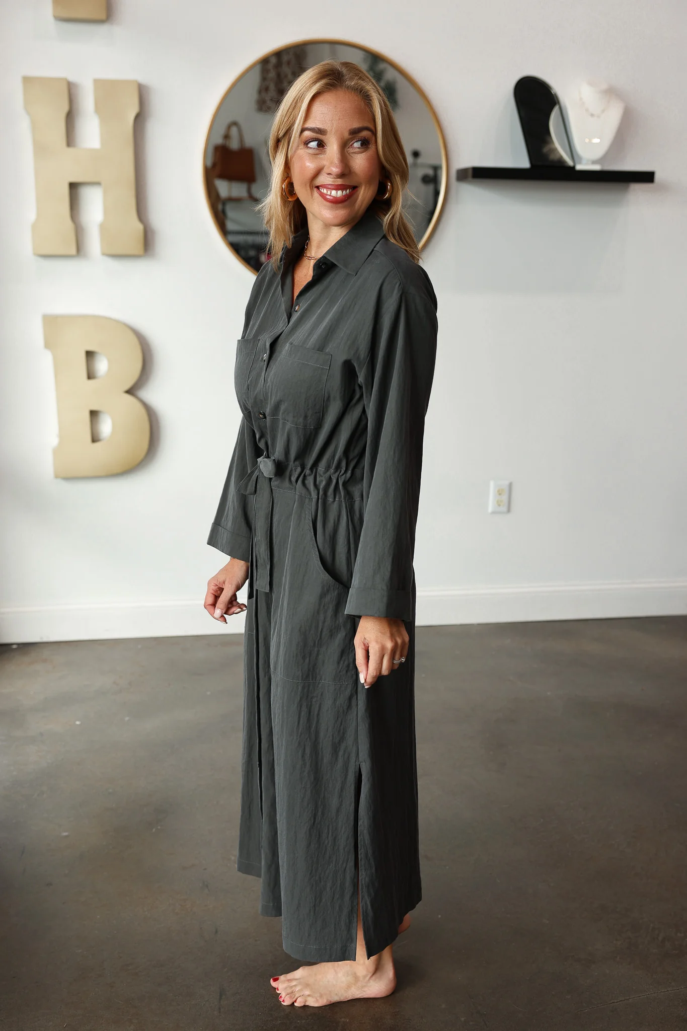 Cinch Waist Shirt Dress - Charcoal - Image 5