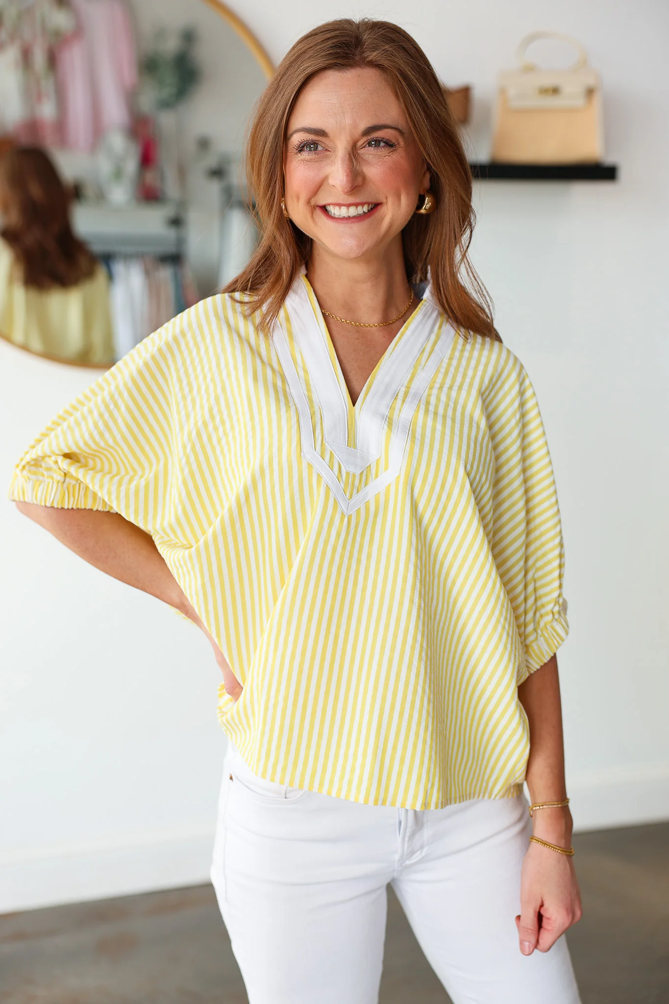 Contrast Trim Striped Top - Yellow - Image 3