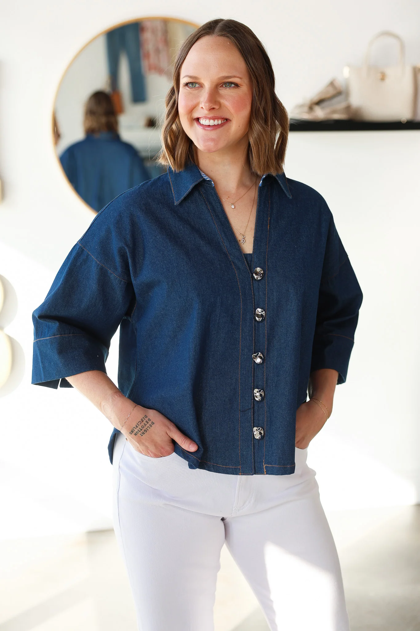 Denim Button Front Top - Image 3