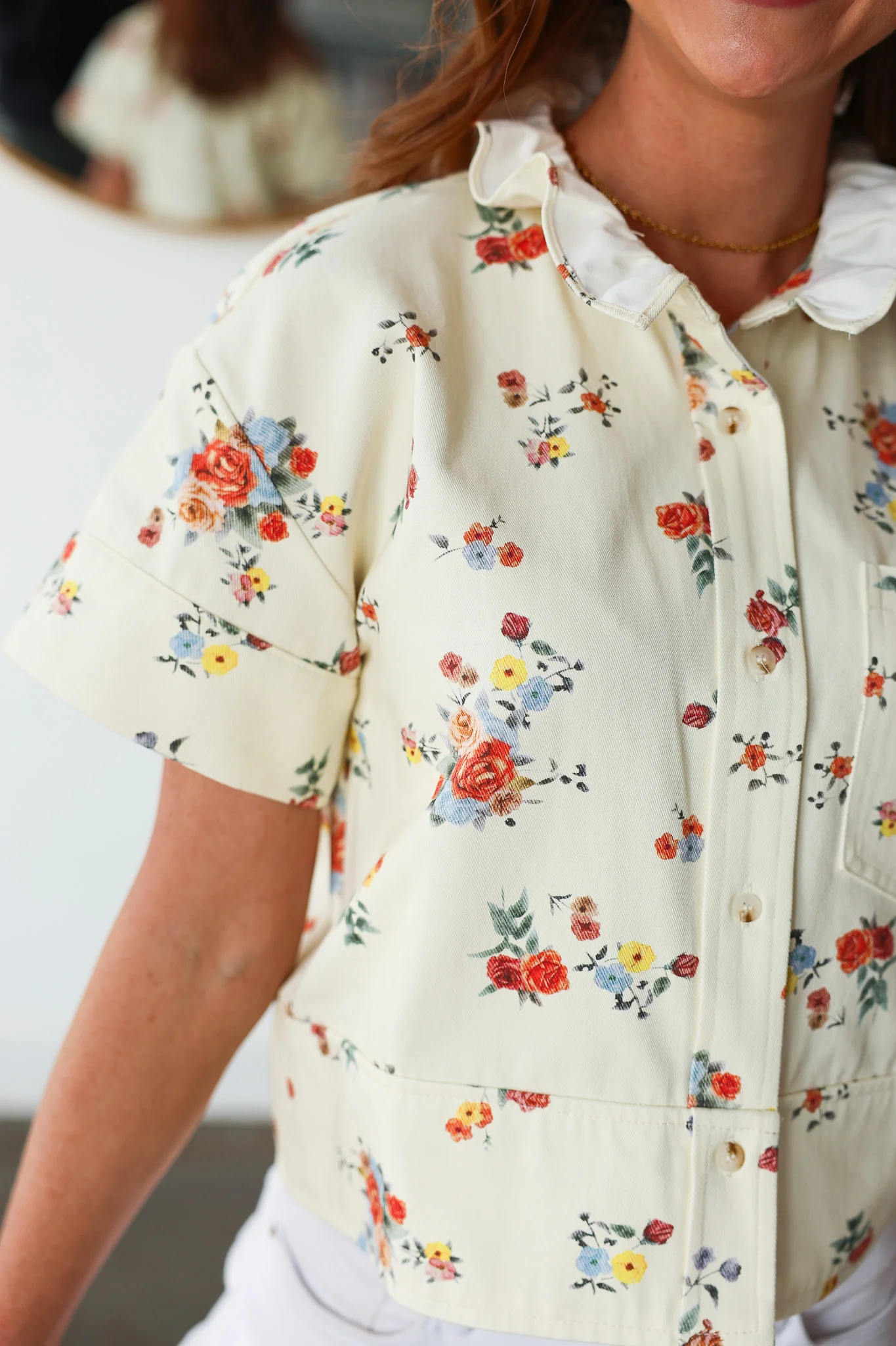 Denim Floral Top - Cream - Image 5