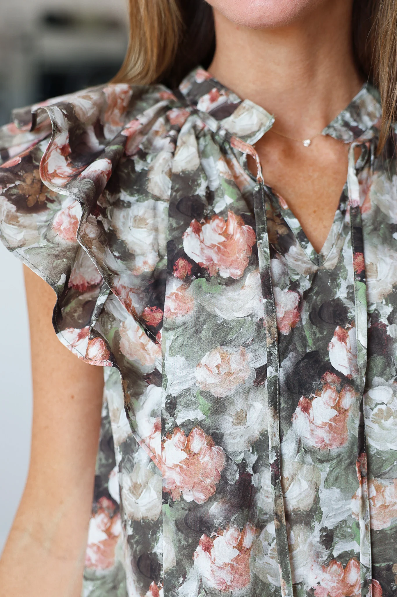 Double Ruffle Sleeve Floral Top - Olive - Image 6