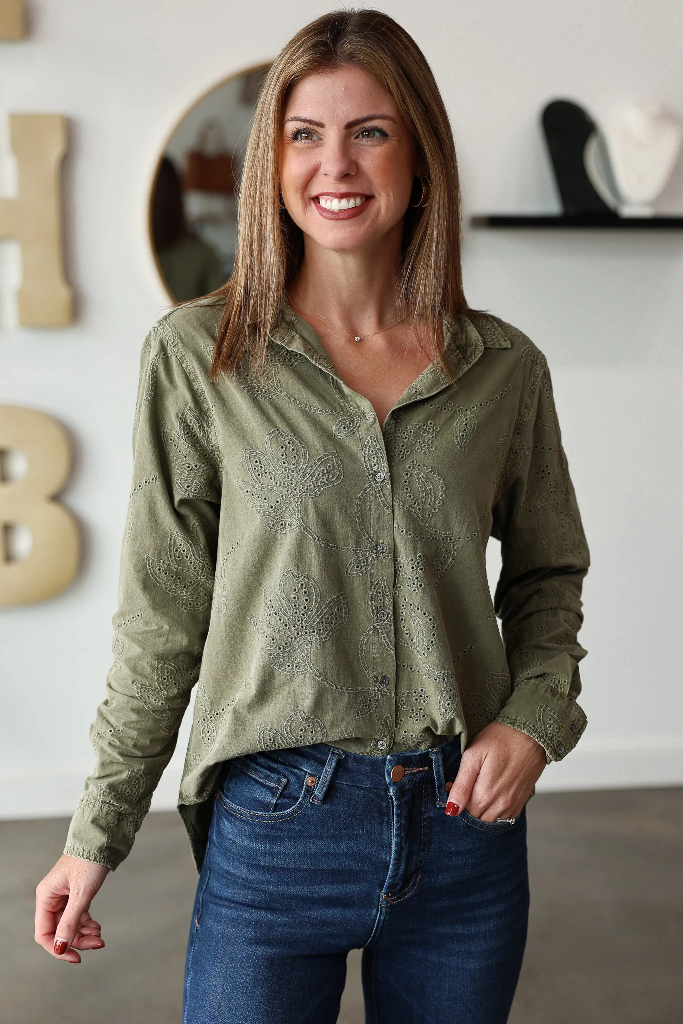 Embroidered Button Down Top - Olive
