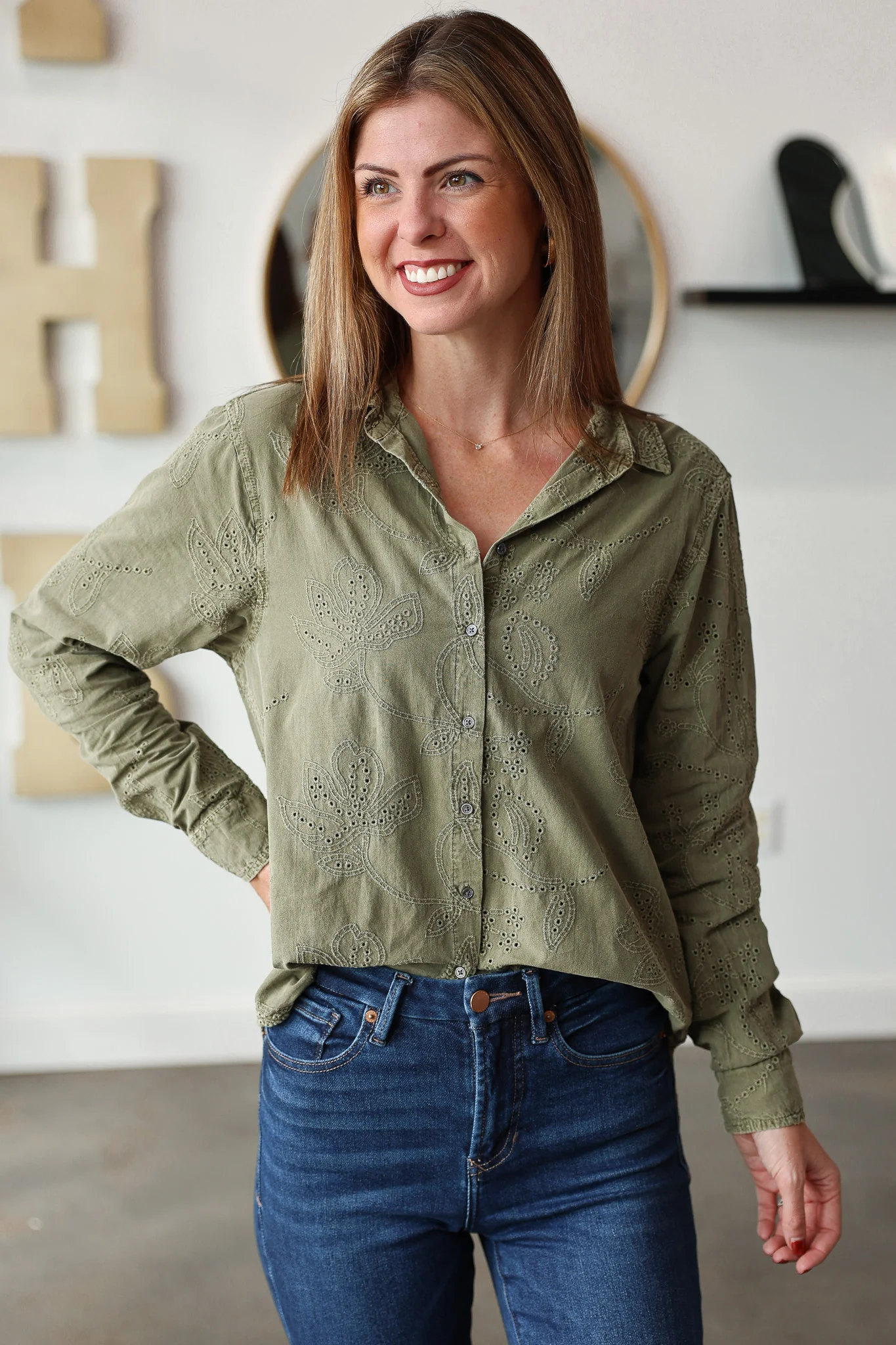 Embroidered Button Down Top - Olive - Image 2