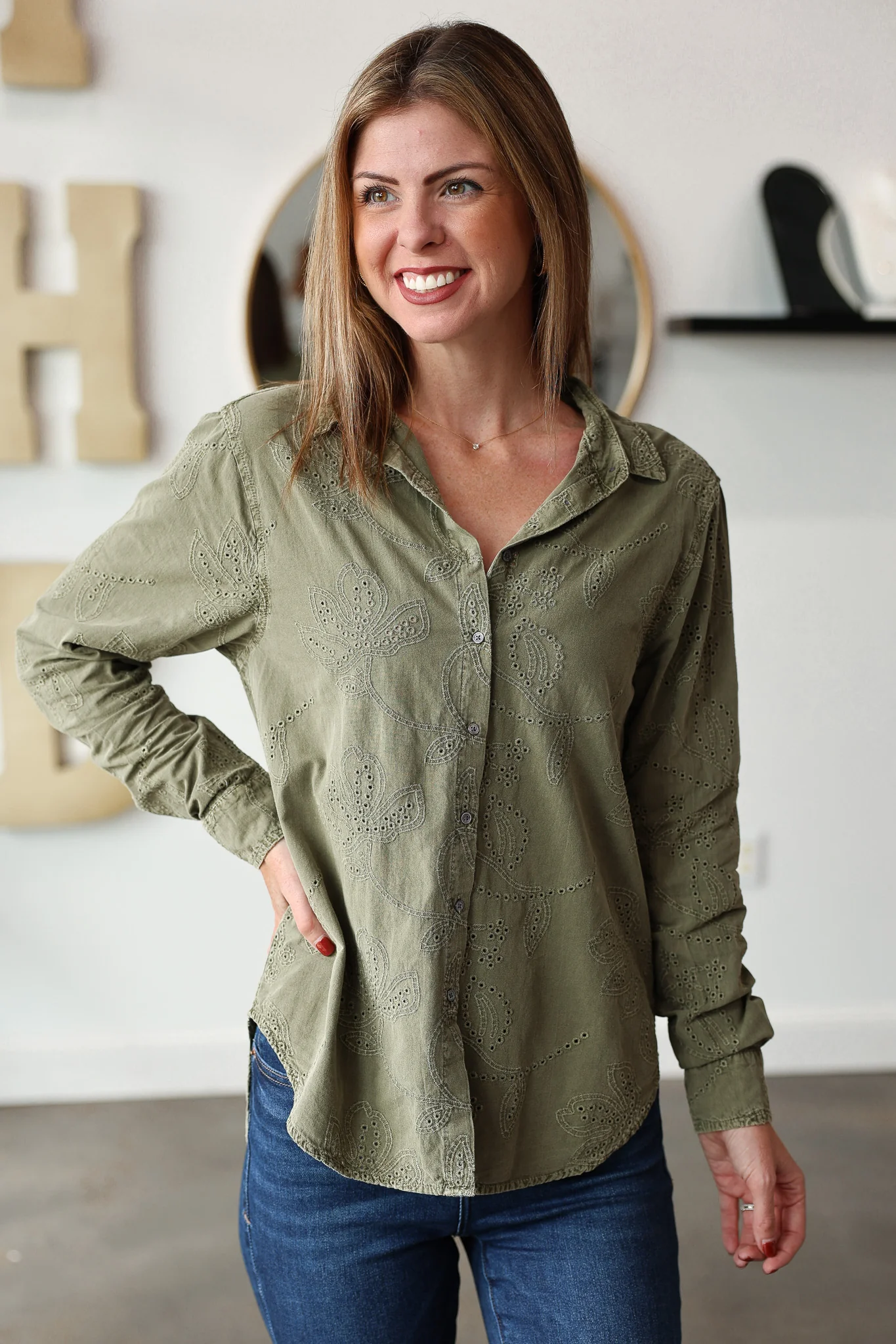 Embroidered Button Down Top - Olive - Image 3