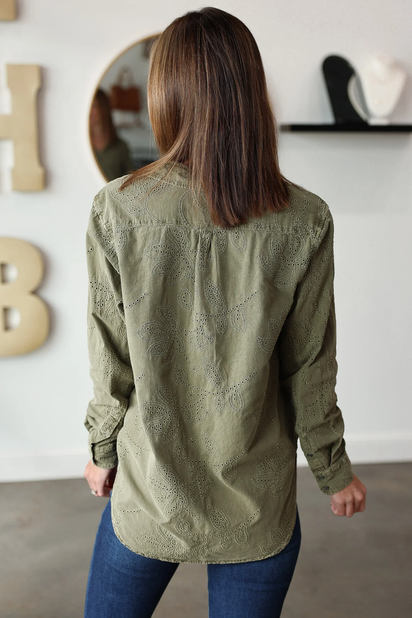 Embroidered Button Down Top - Olive - Image 5