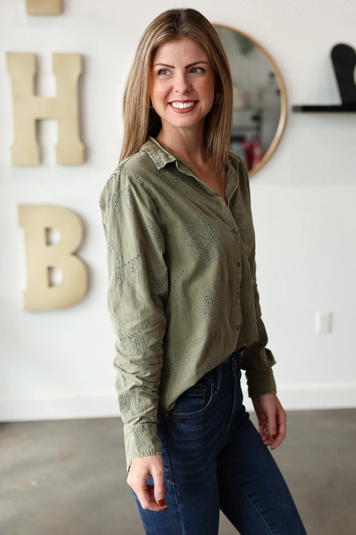 Embroidered Button Down Top - Olive - Image 6