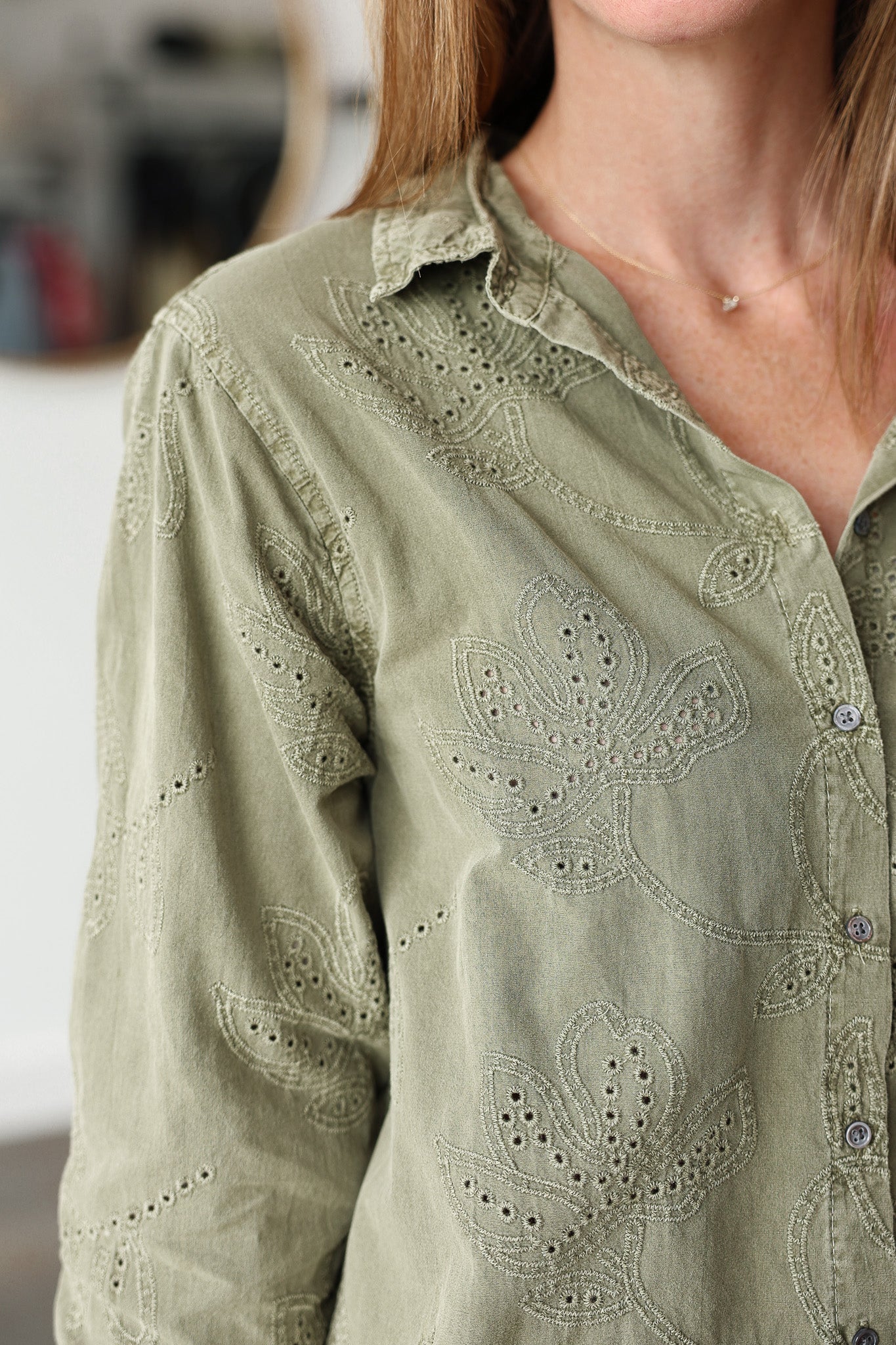 Embroidered Button Down Top - Olive - Image 7