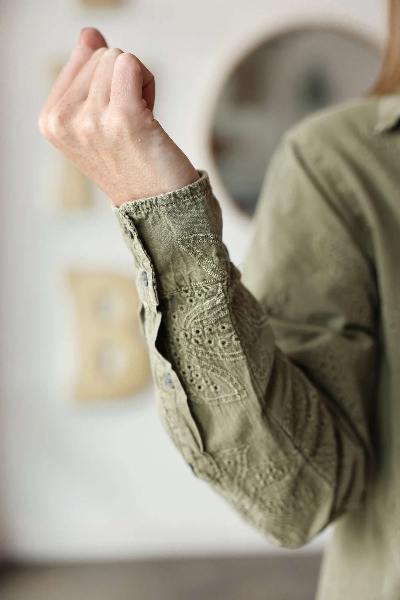 Embroidered Button Down Top - Olive - Image 8