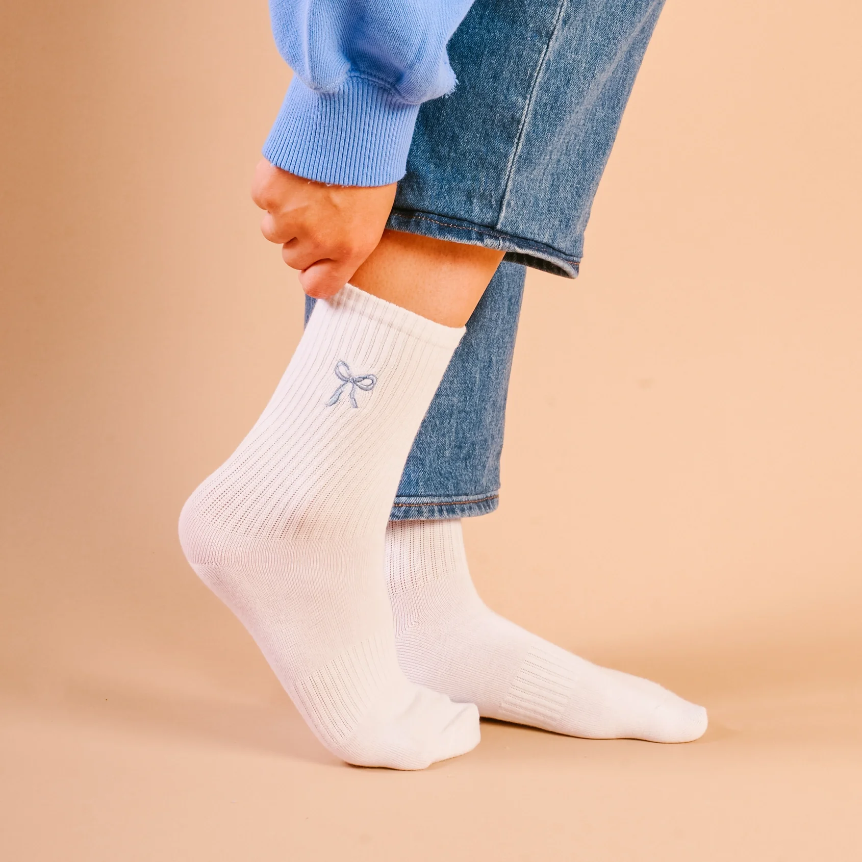 Embroidered Crew Socks - Blue Bow - Image 3