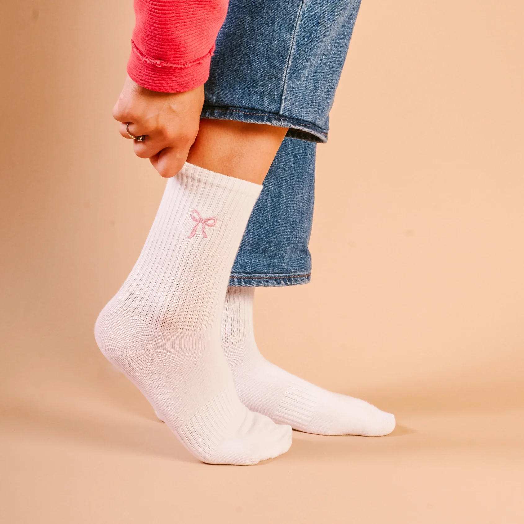 Embroidered Crew Socks - Pink Bow - Image 3