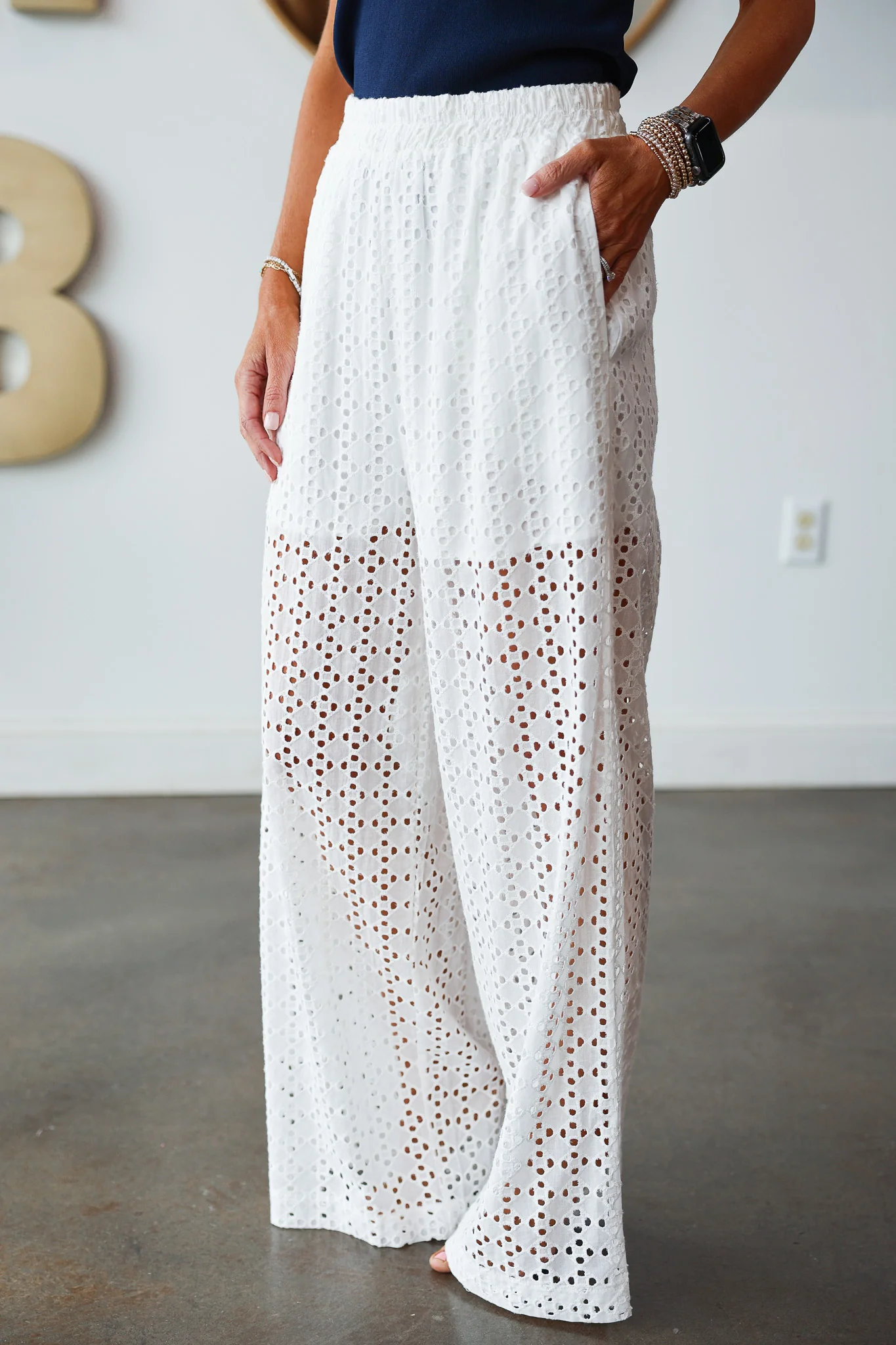 Embroidered Eyelet Pants - White - Image 2