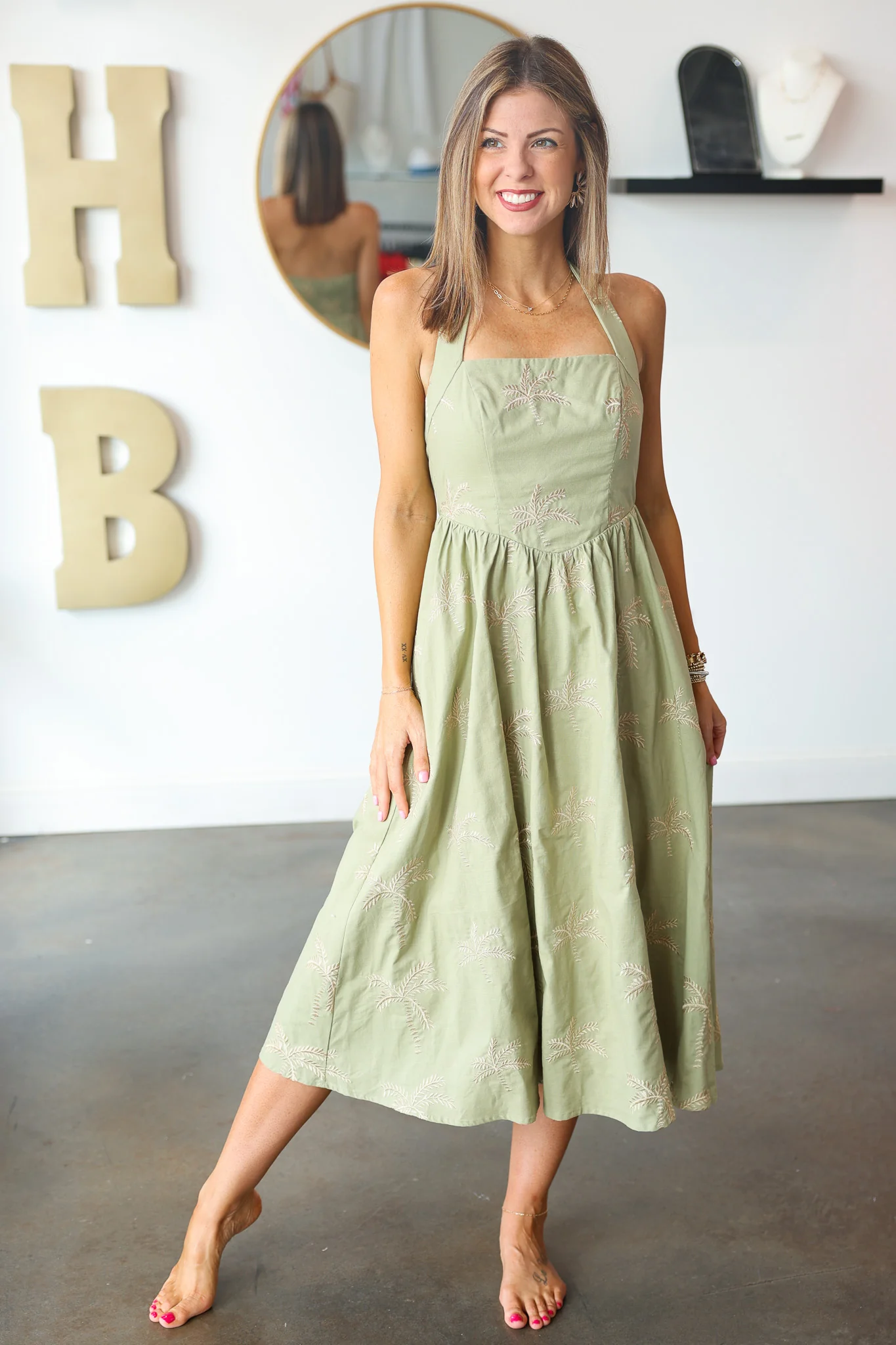 Embroidered Halter Midi Dress - Olive - Image 4