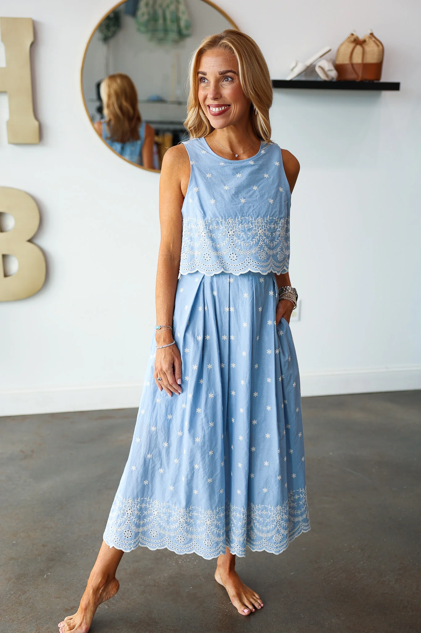 Embroidered Overlay Midi Dress - Light Blue - Image 7