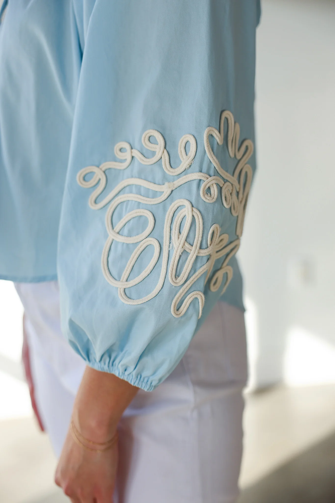 Embroidered Sleeve Top - Baby Blue - Image 2