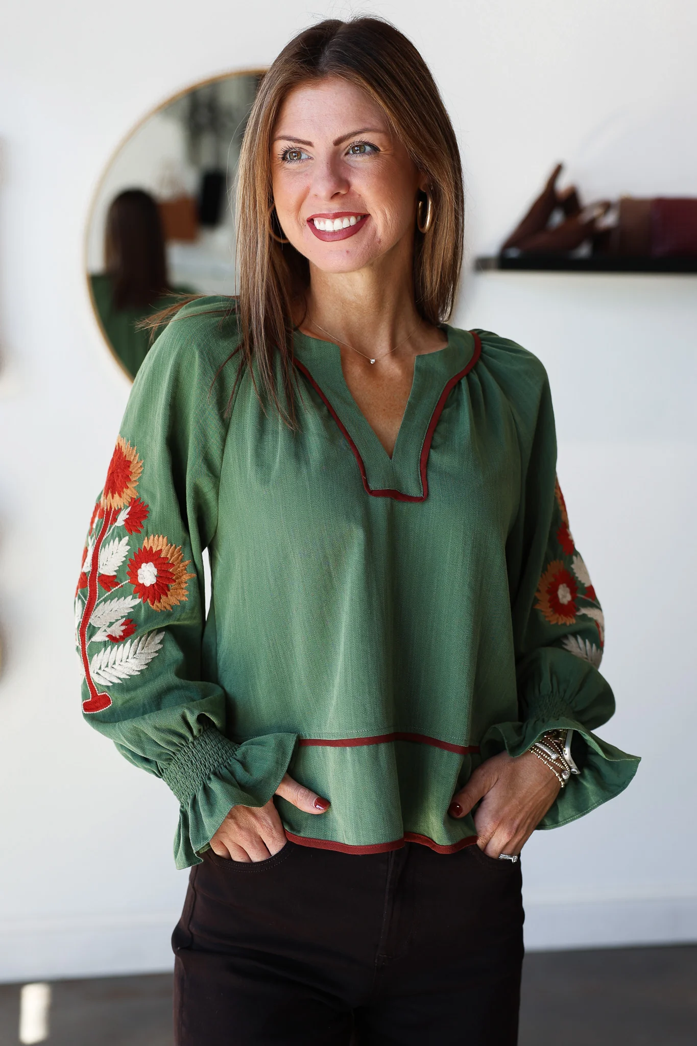 Embroidered Sleeve Top - Olive - Image 2