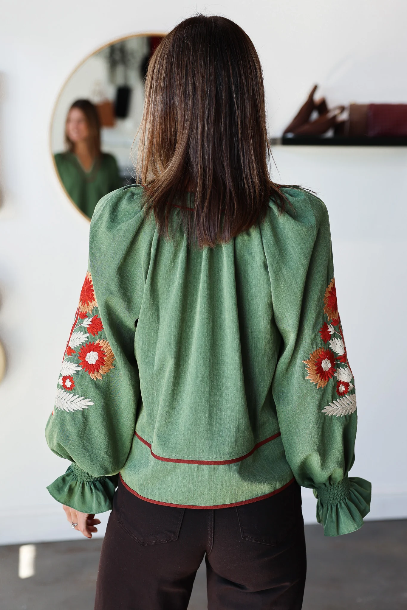 Embroidered Sleeve Top - Olive - Image 5