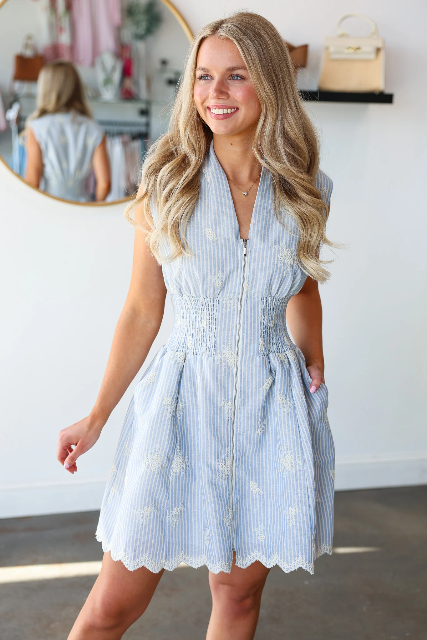 Embroidered Smocked Waist Dress - Blue - Image 4