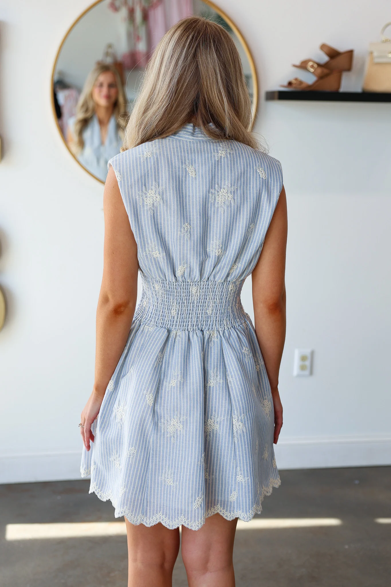 Embroidered Smocked Waist Dress - Blue - Image 7